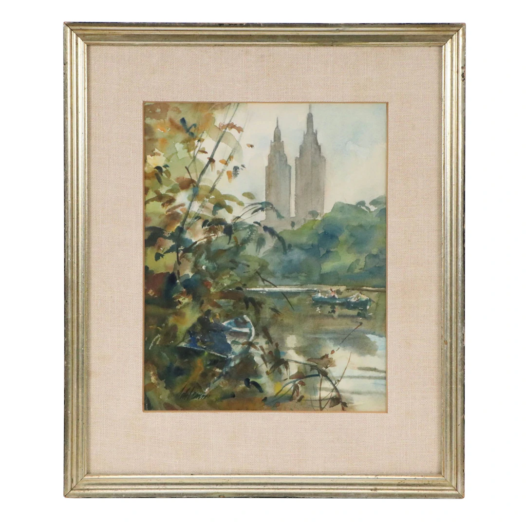 Watercolor Painting of New York City Central Park Lake Landscape