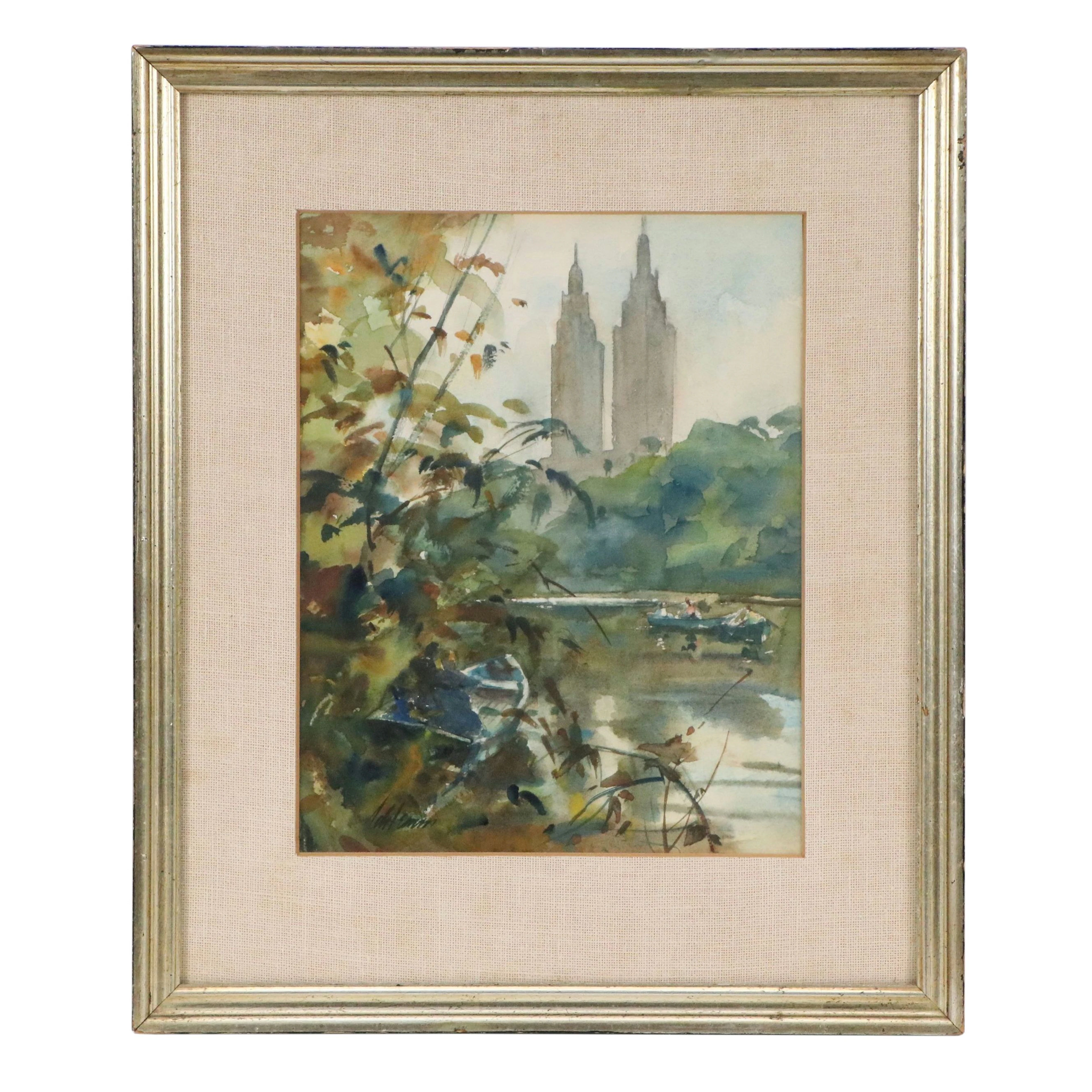 Watercolor Painting of New York City Central Park Lake Landscape