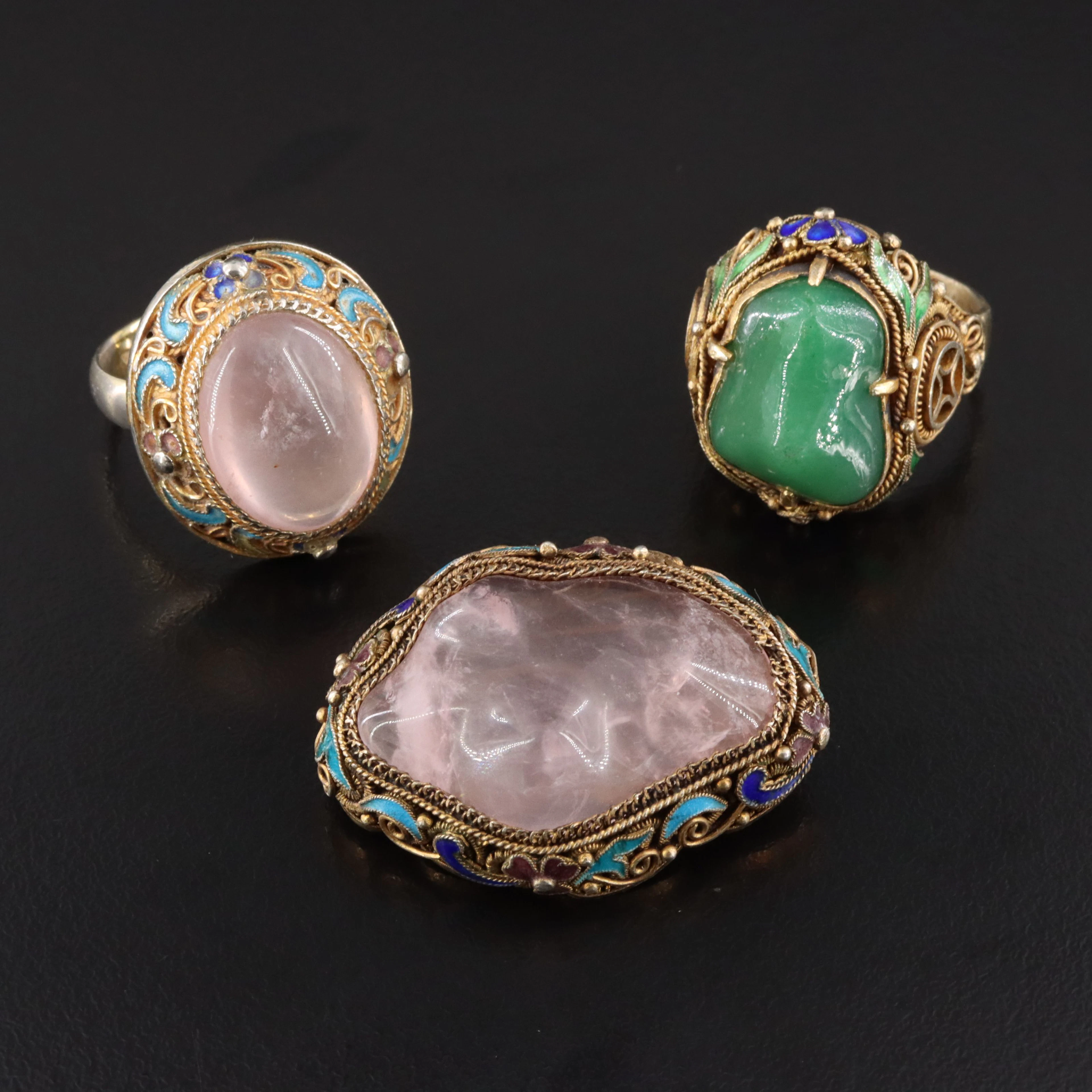 Chinese Export Silver Amethyst, Aventurine and Enamel Floral Rings & Brooch