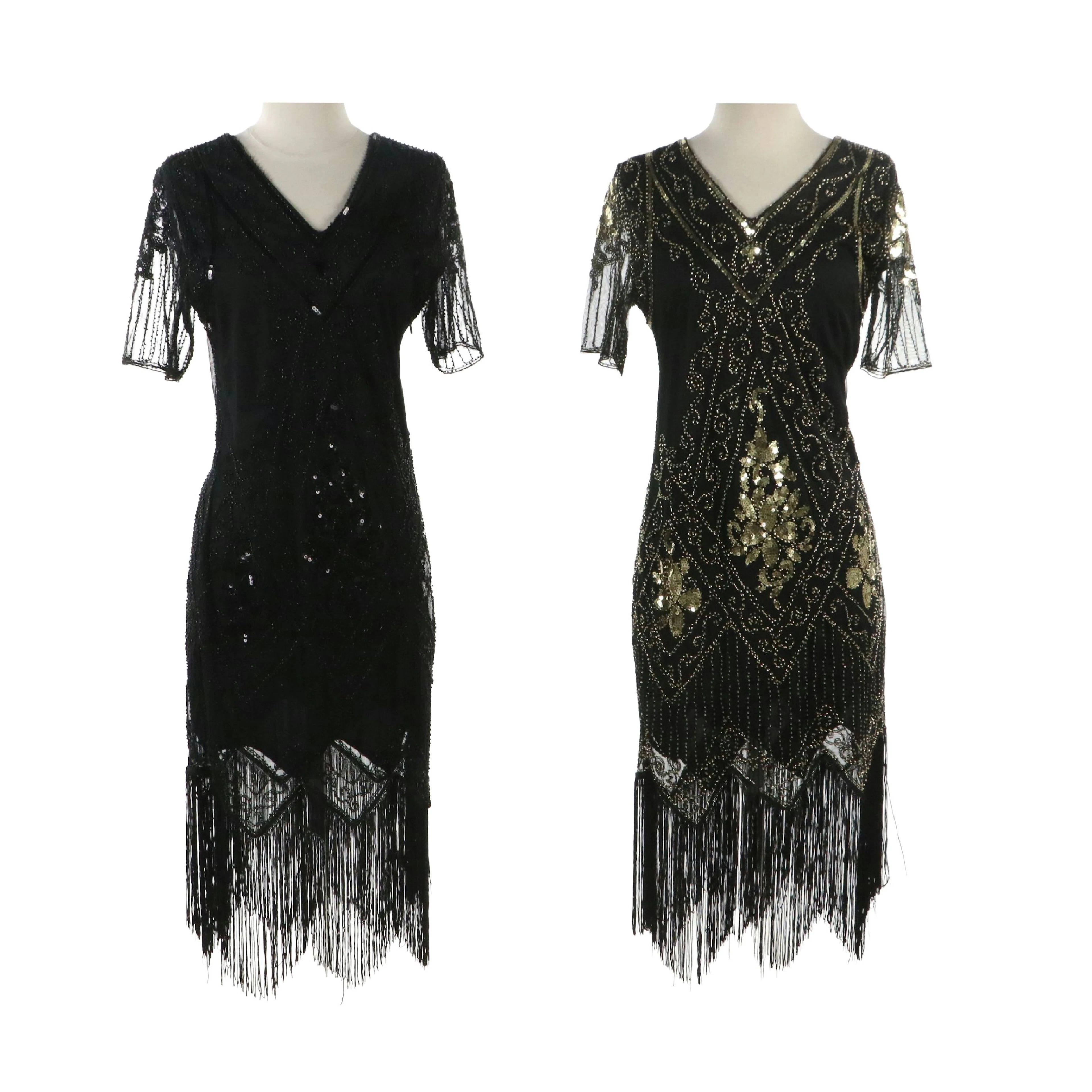 Sweet V Black and Gold Embellished Flapper-Style Dresses, With Tags