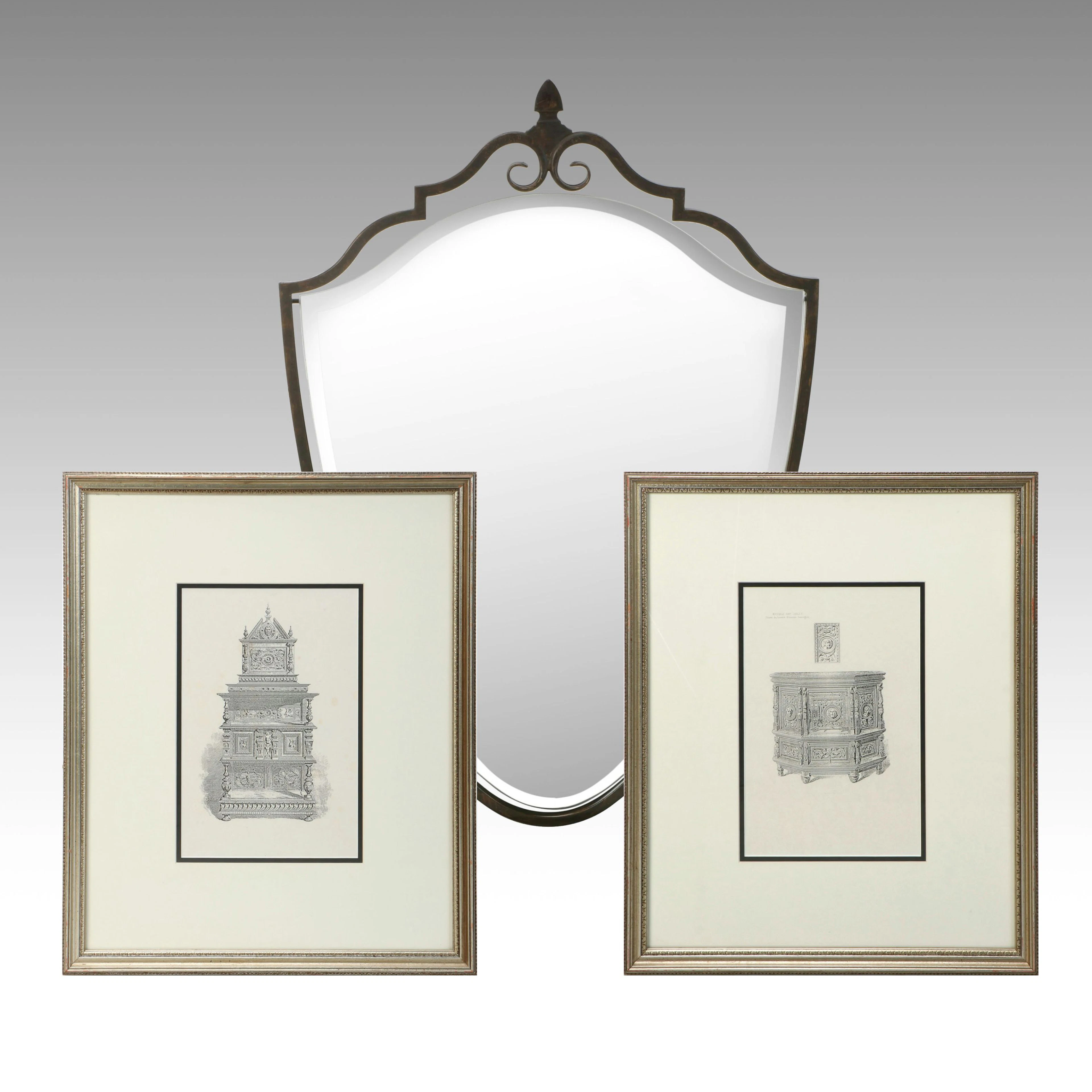 Neoclassical Shield Wall Mirror with Prints of Antique French Furniture