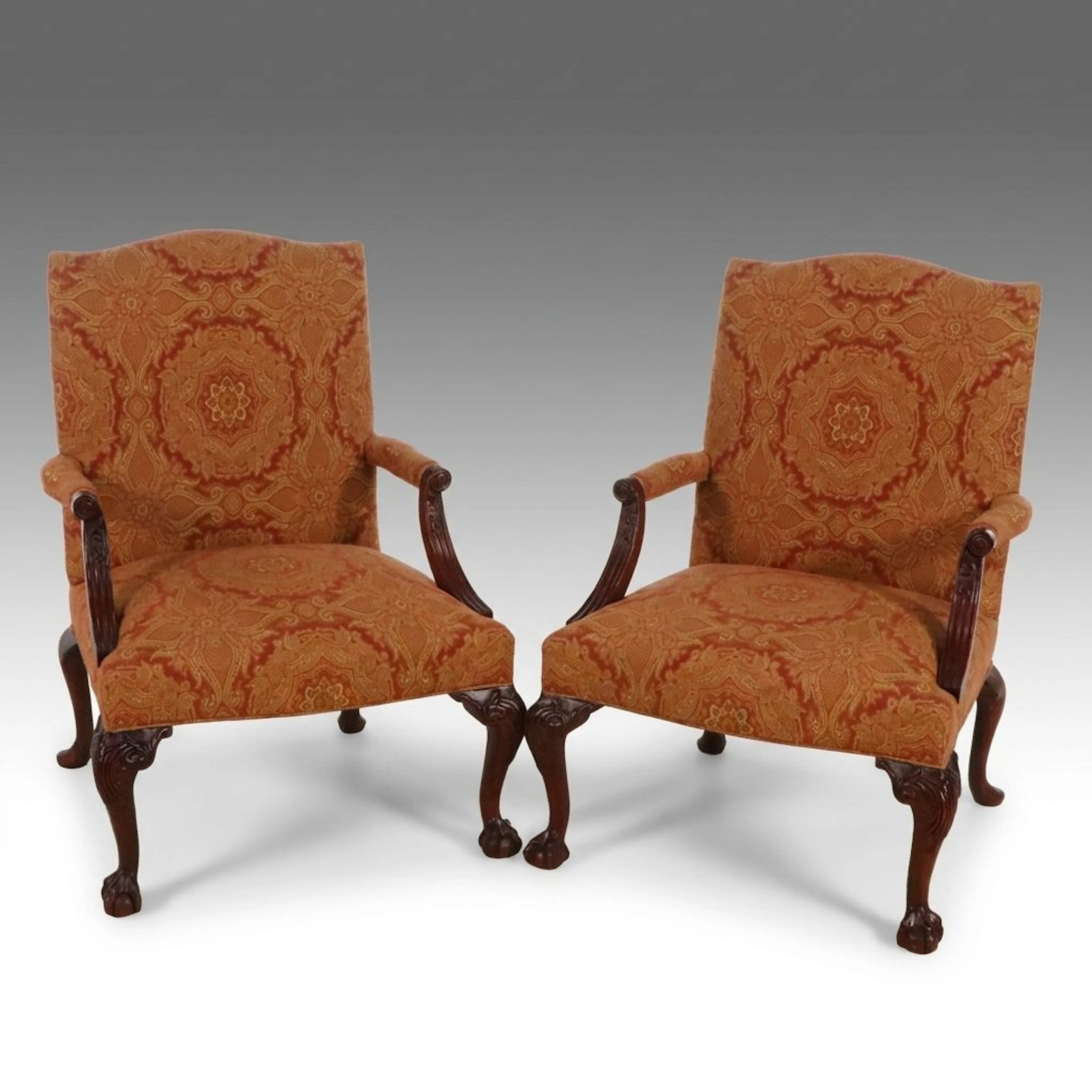 Pair of Chippendale Style Upholstered Armchairs, Late 20th Century