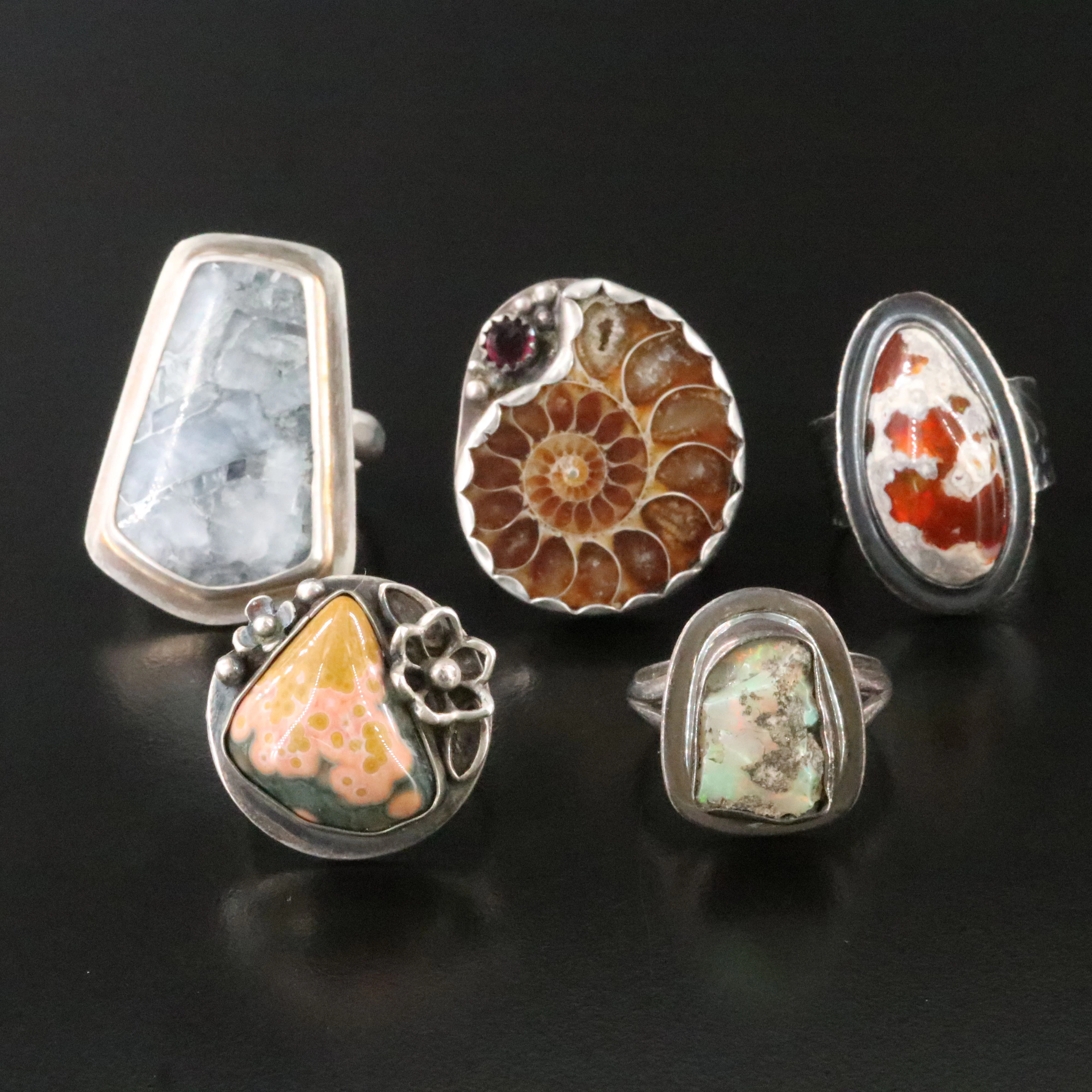 Collection of Artisan Sterling Rings Including Boulder Opal & Ammonite