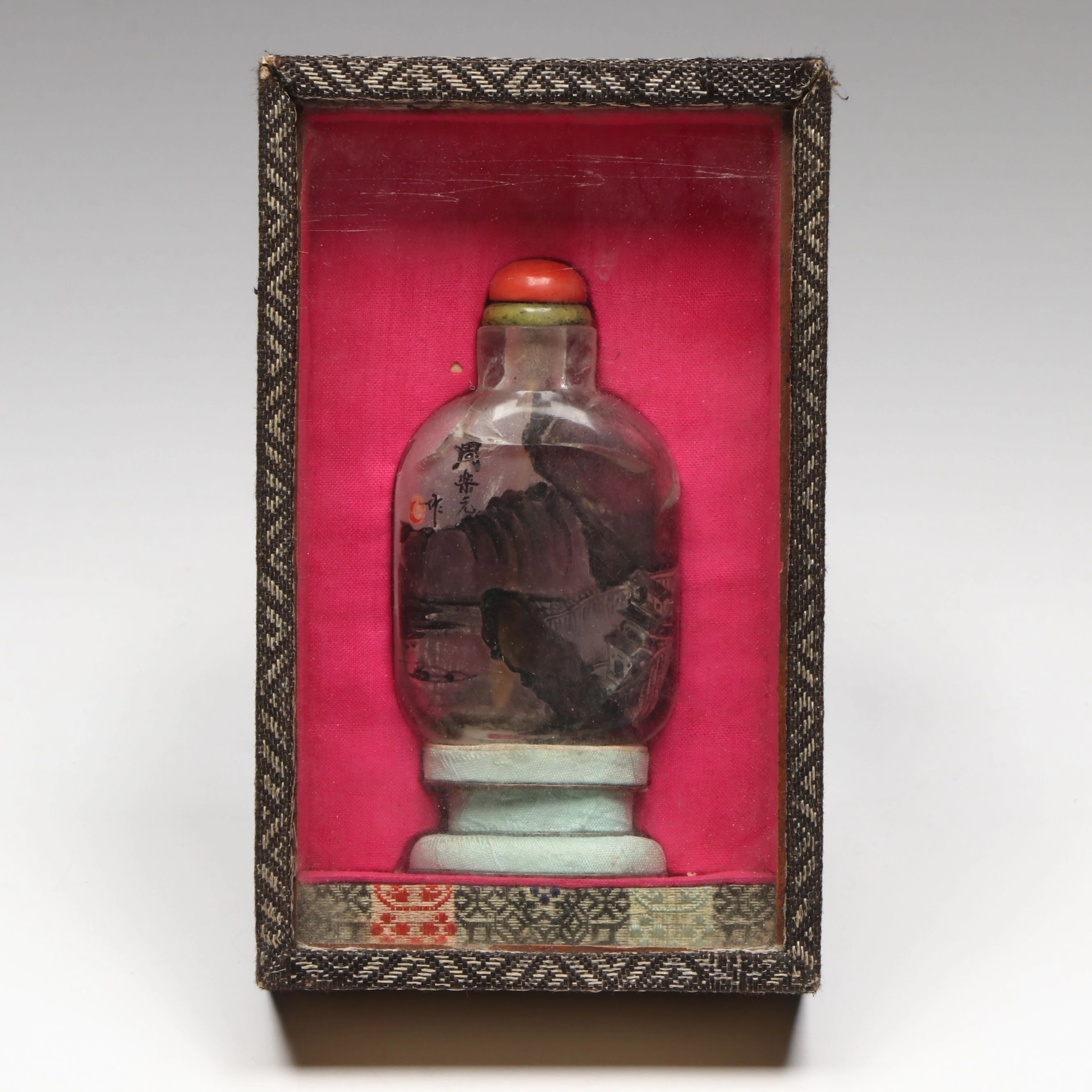 Antique Chinese Hand-Painted Glass Snuff Bottle in Case, Early 20th Century