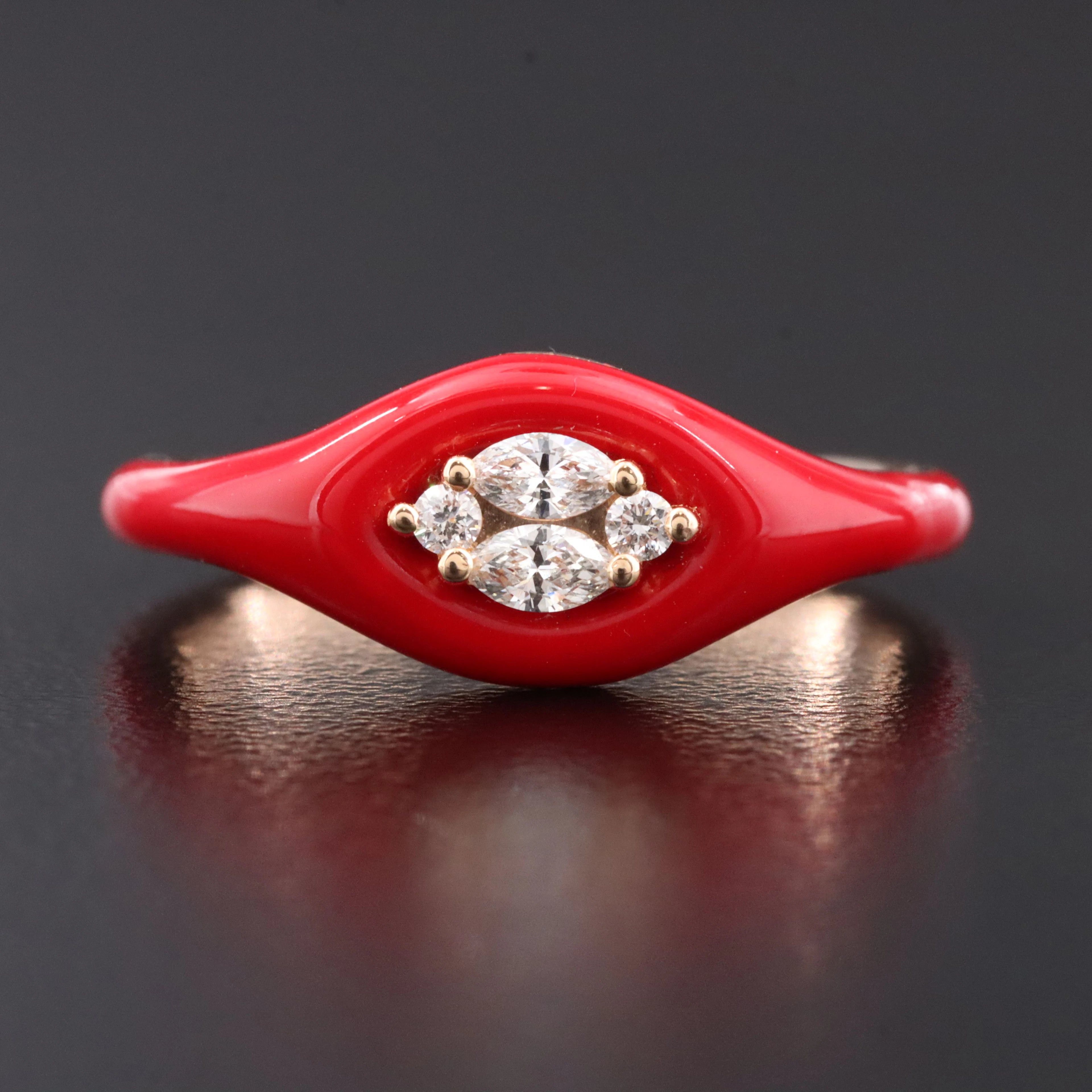 18K Rose Gold Diamond and Red Enamel Navette Ring