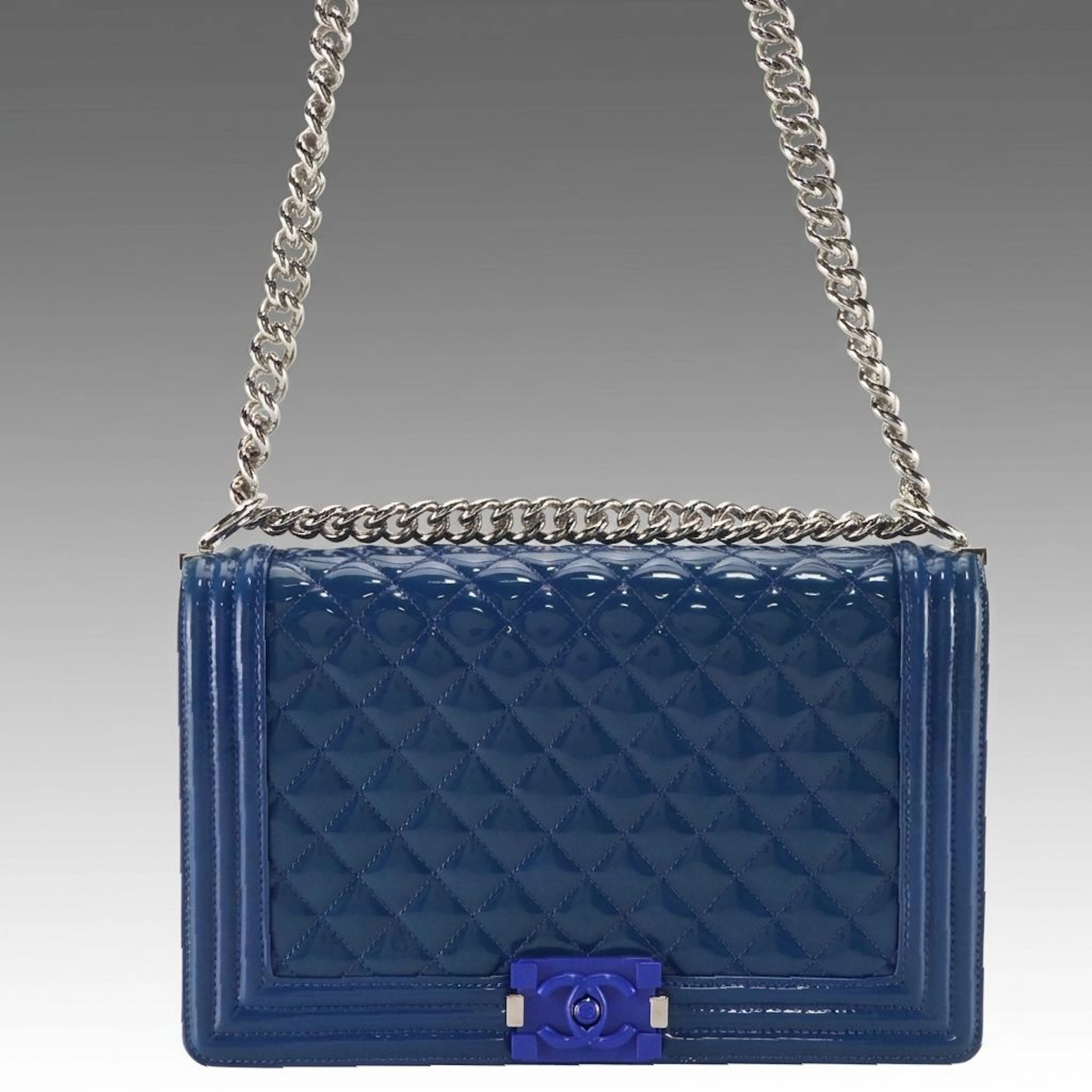 Chanel Boy Flap Bag in Royal Blue Patent and Smooth Calfskin Leather