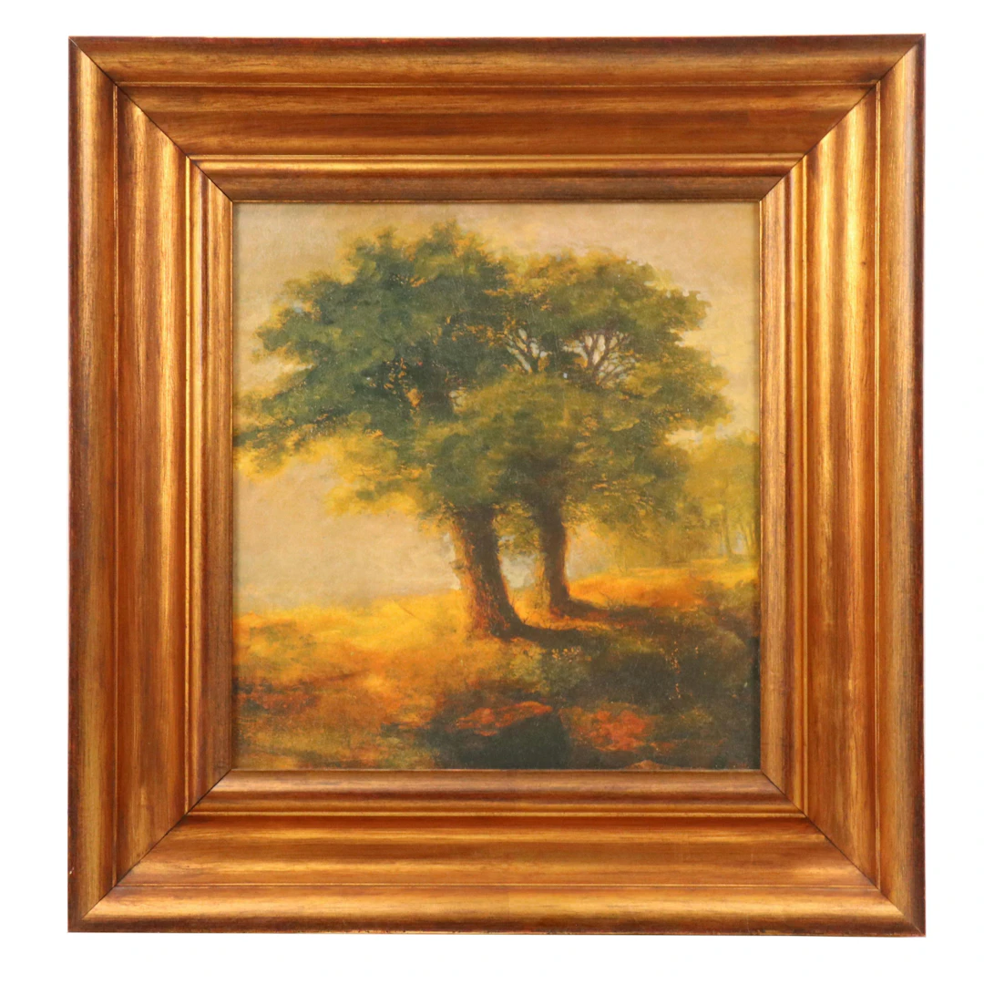 Embellished Offset Lithograph Landscape with Two Trees