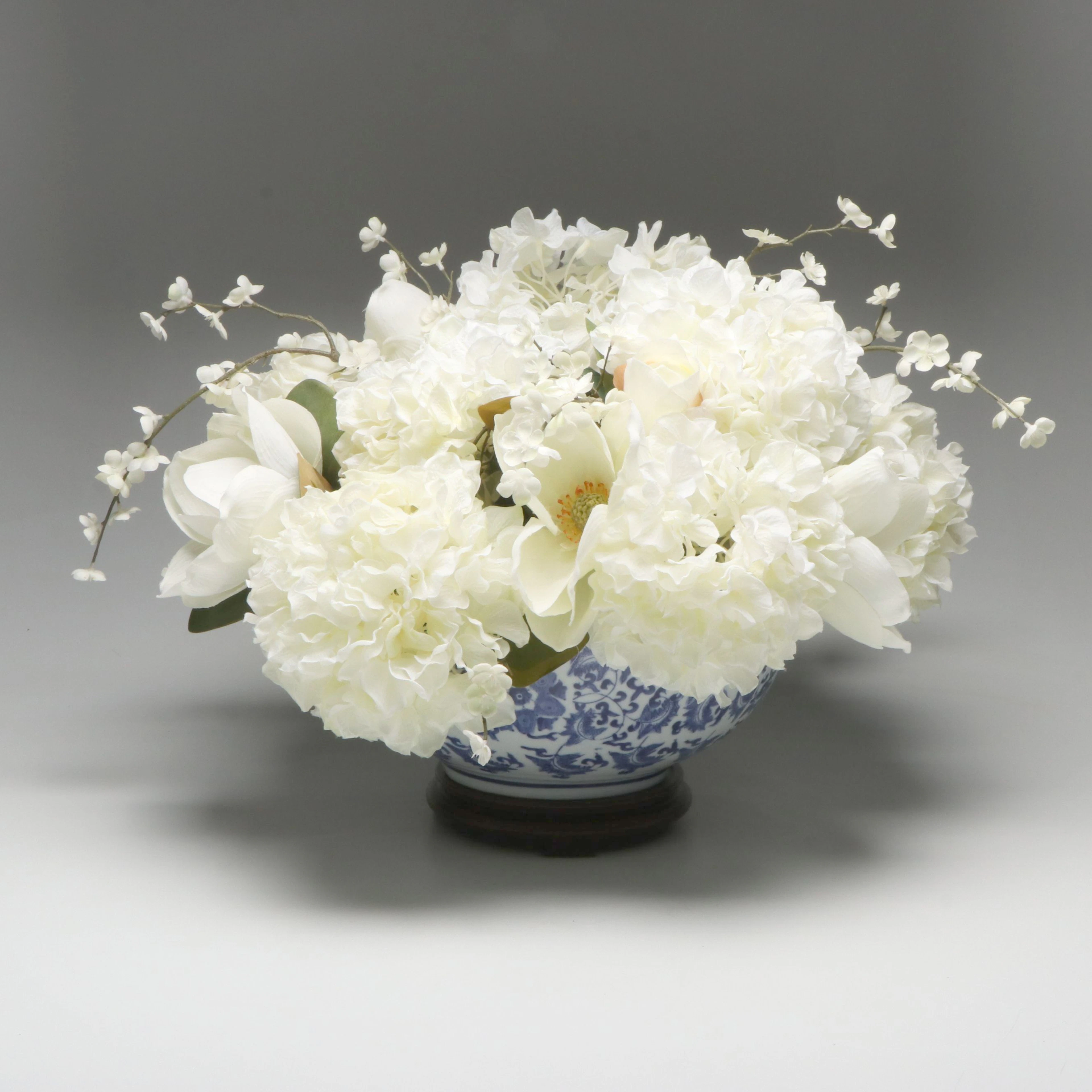 Artificial Hydrangea and Peony Floral Arrangement with Ceramic Planter Bowl