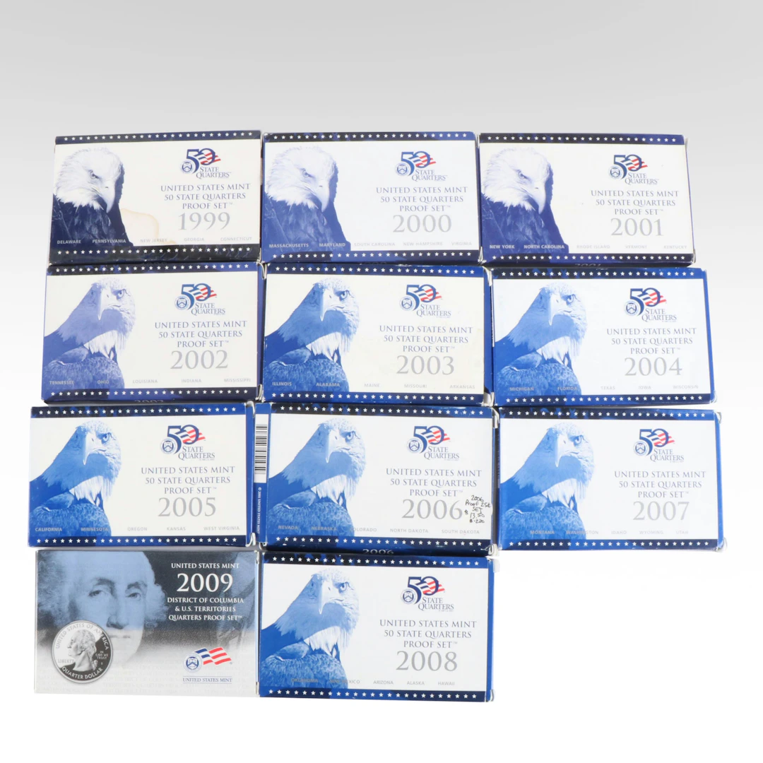 Set of Eleven Different State Quarters Proof Sets