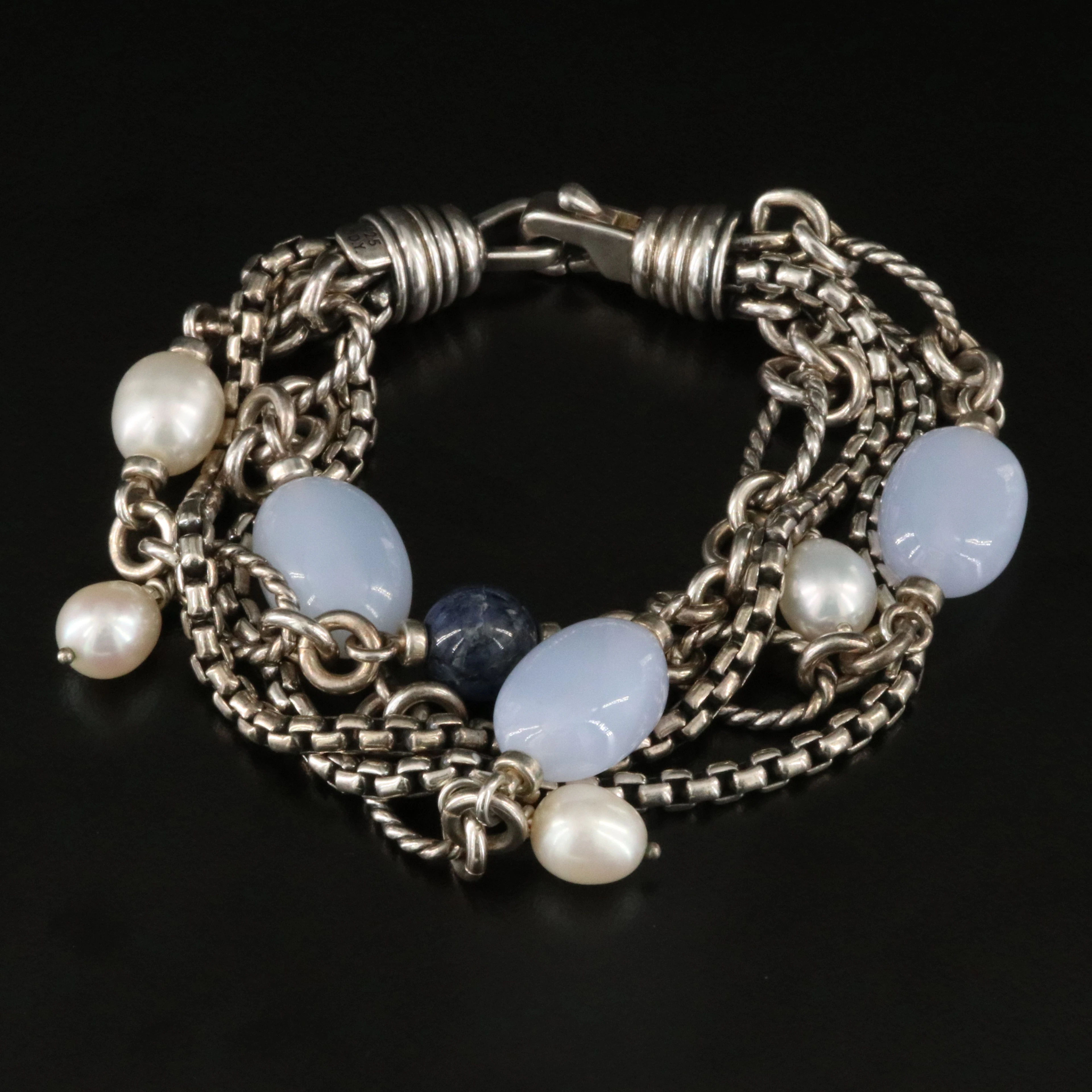 David Yurman Sterling Bracelet Featuring Pearl, Chalcedony and Sodalite