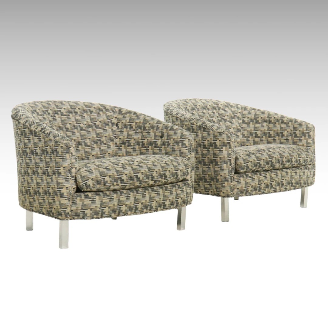 Pair of Modernist Custom Upholstered Barrel Back Club Chairs