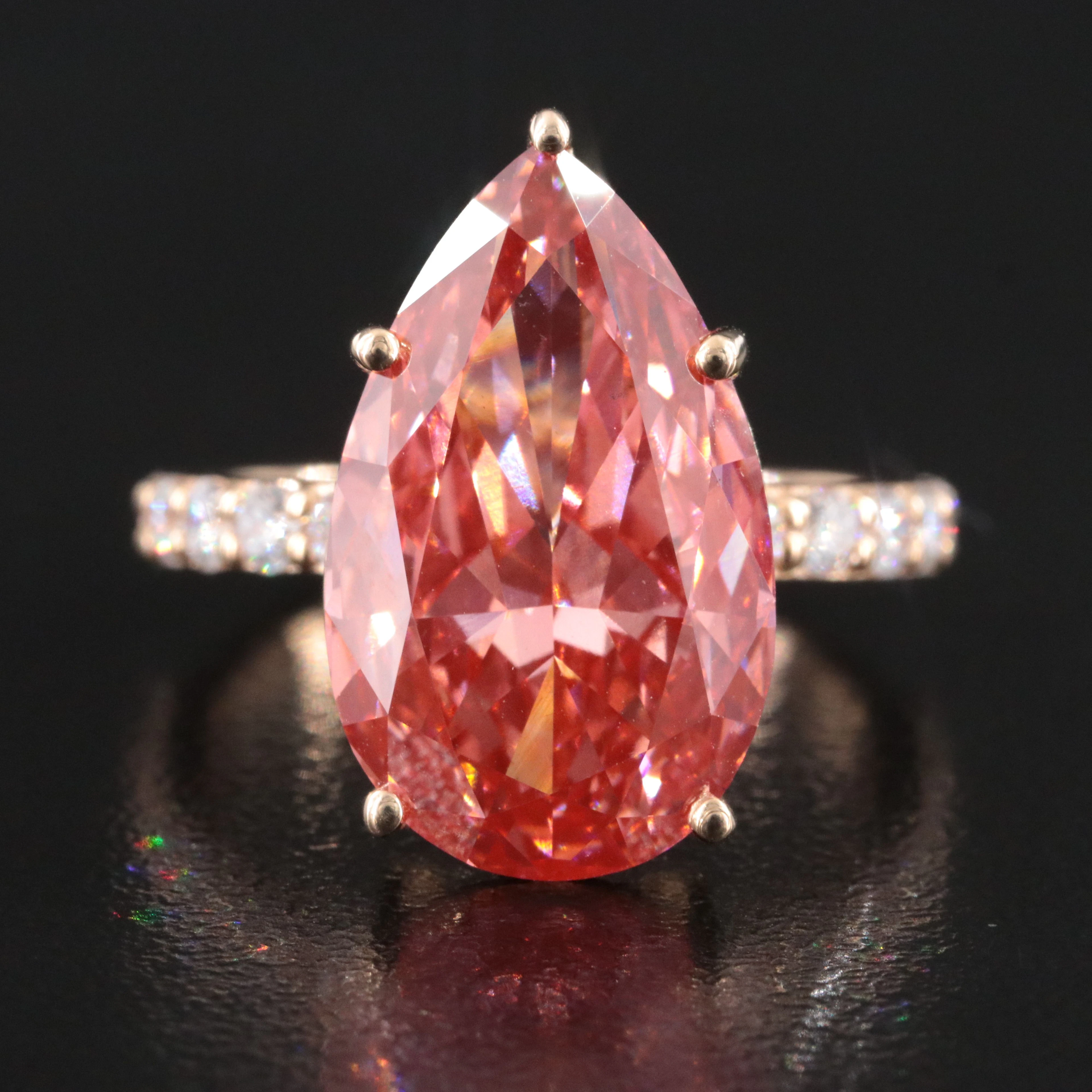14K 10.53 CTW Lab Grown Diamond Ring with Fancy Vivid Pink and IGI Report