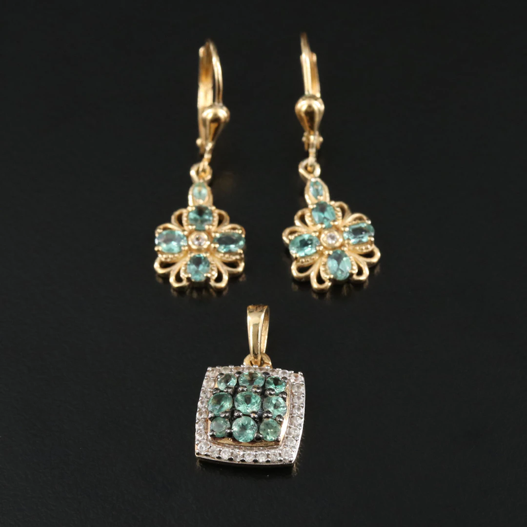 Sterling Alexandrite and CZ Floral Drop Earrings and Cushion Pendant