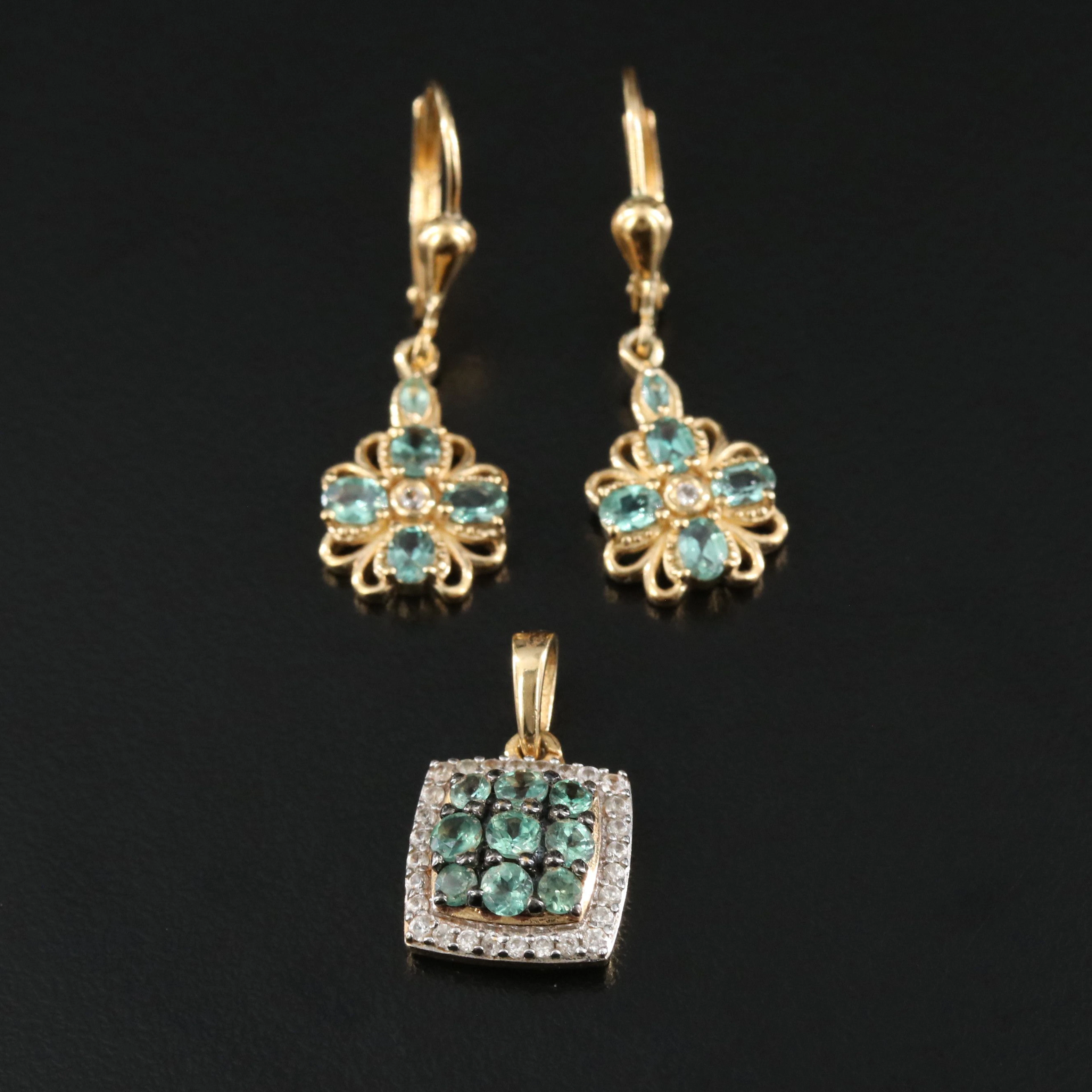 Sterling Alexandrite and CZ Floral Drop Earrings and Cushion Pendant