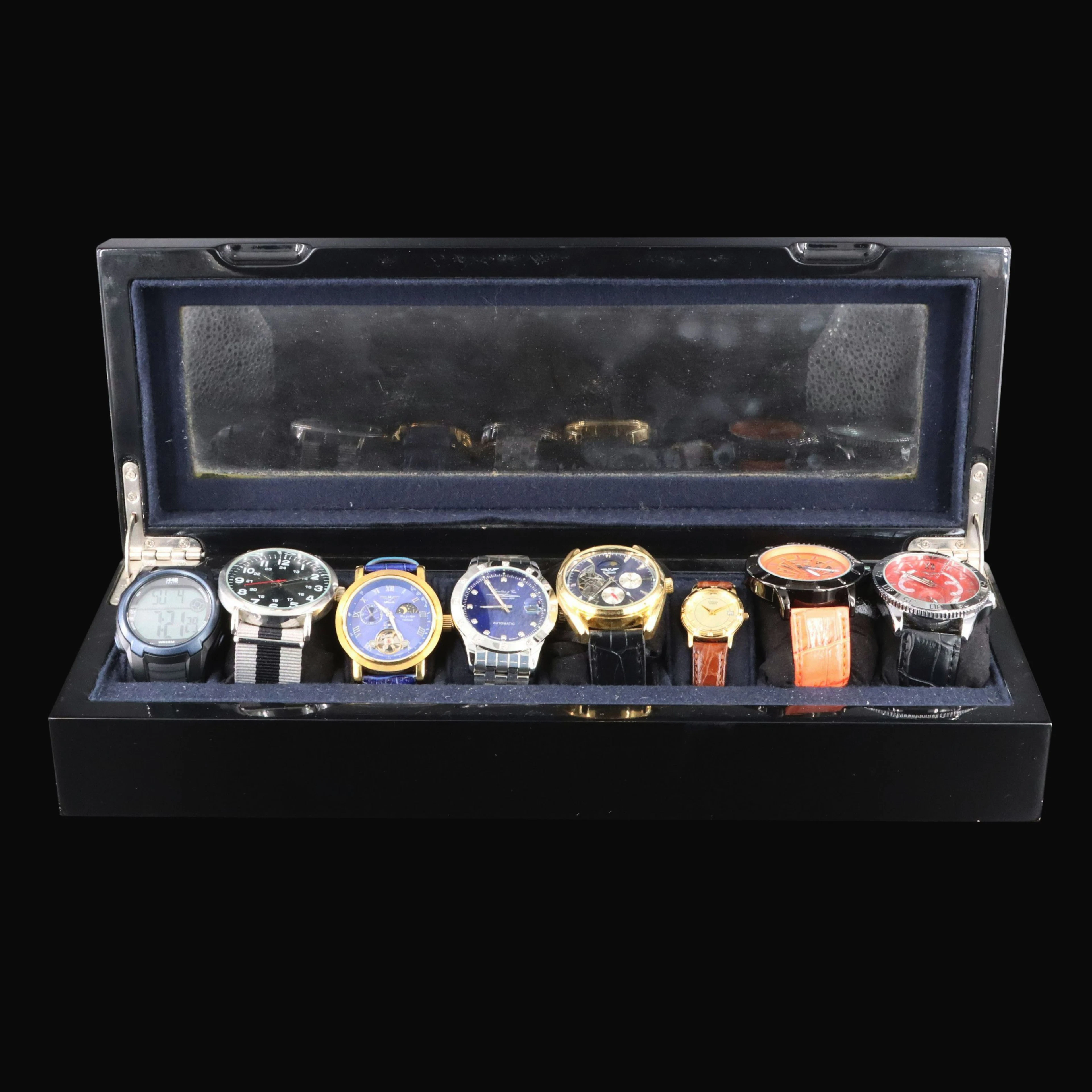 Collection of Automatic and Quartz Watches in a Finished Wood Watch Box
