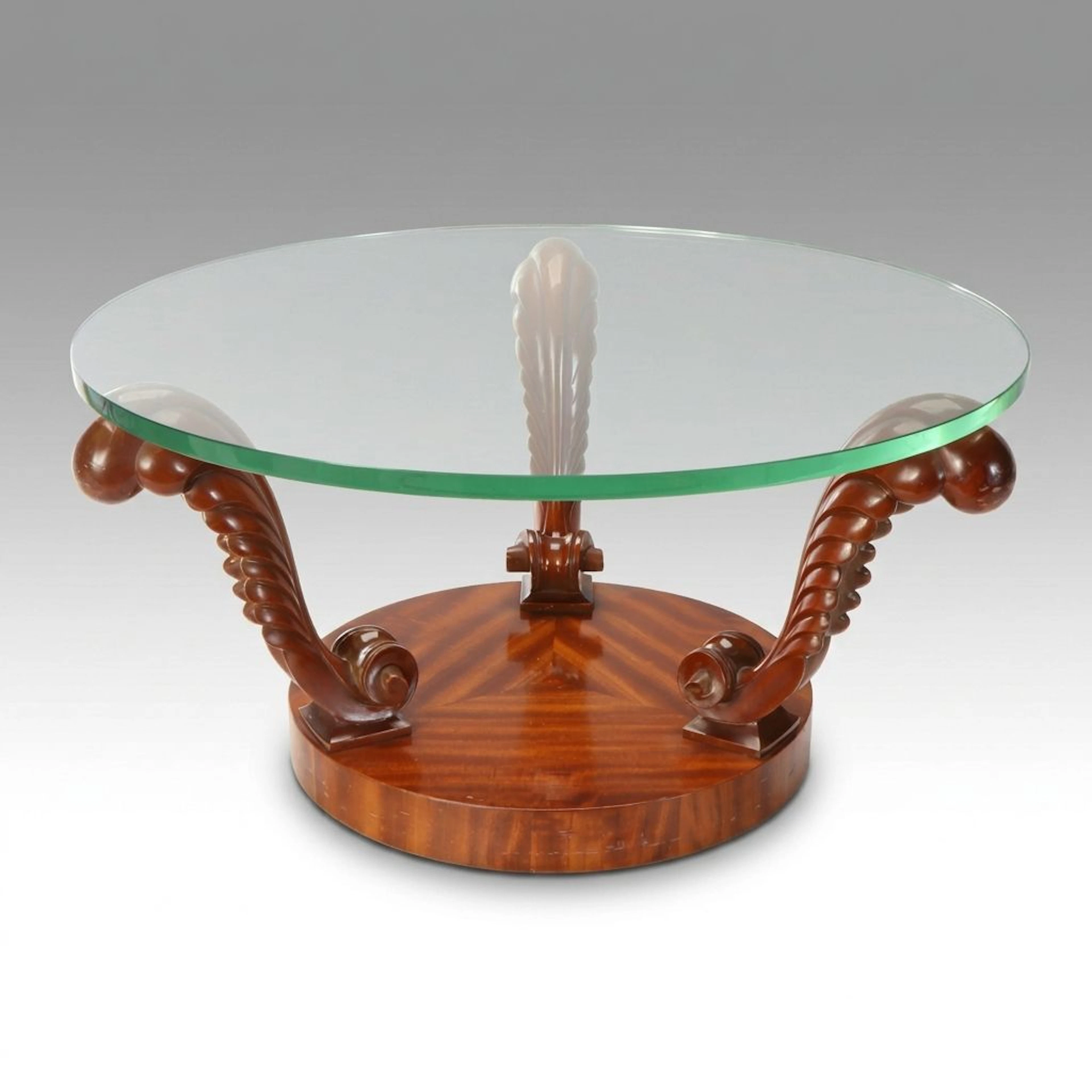 Neoclassical Style Round Glass Top Carved Wood Coffee Table