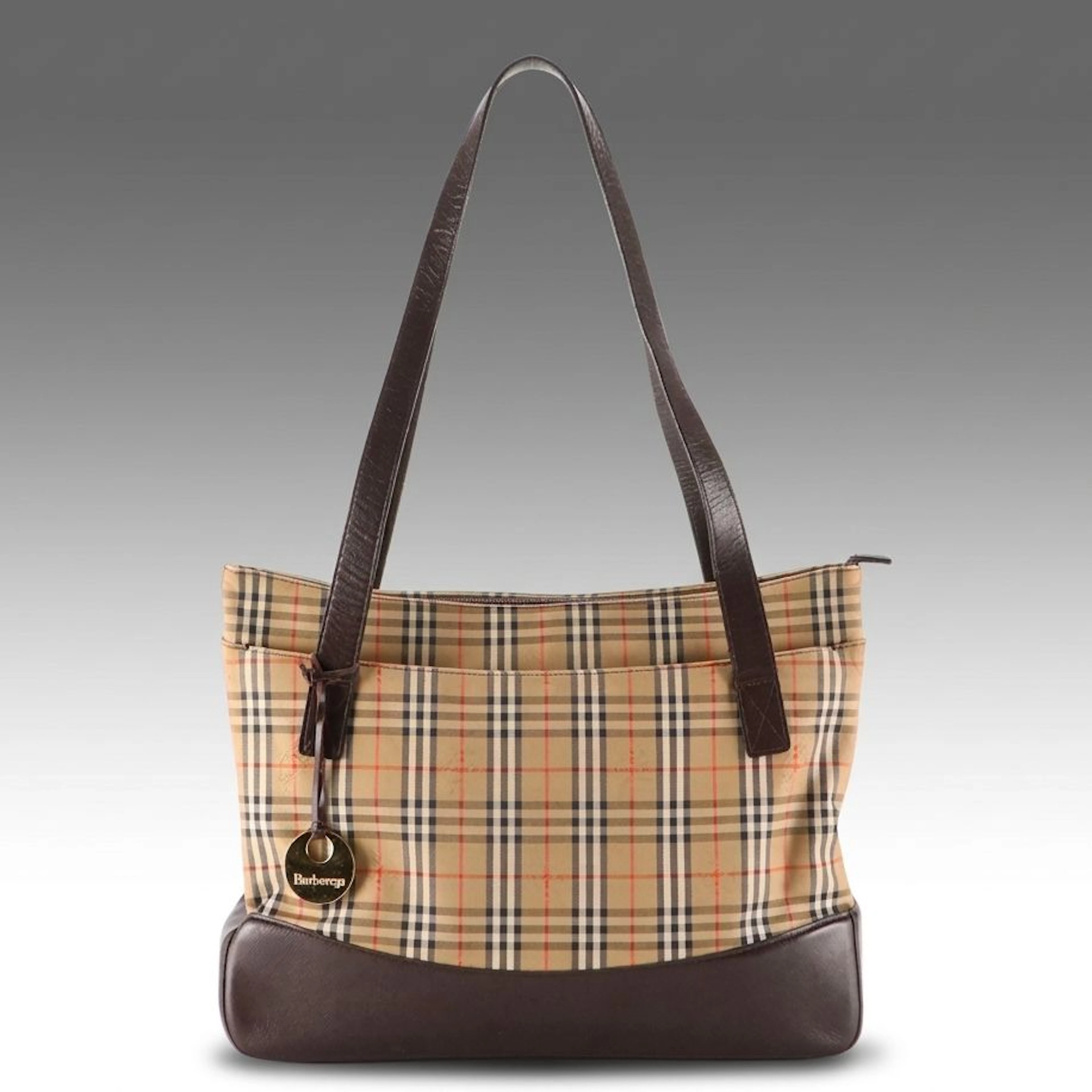 Burberry Zip Tote Bag in Haymarket Check Canvas and Brown Saffiano Leather