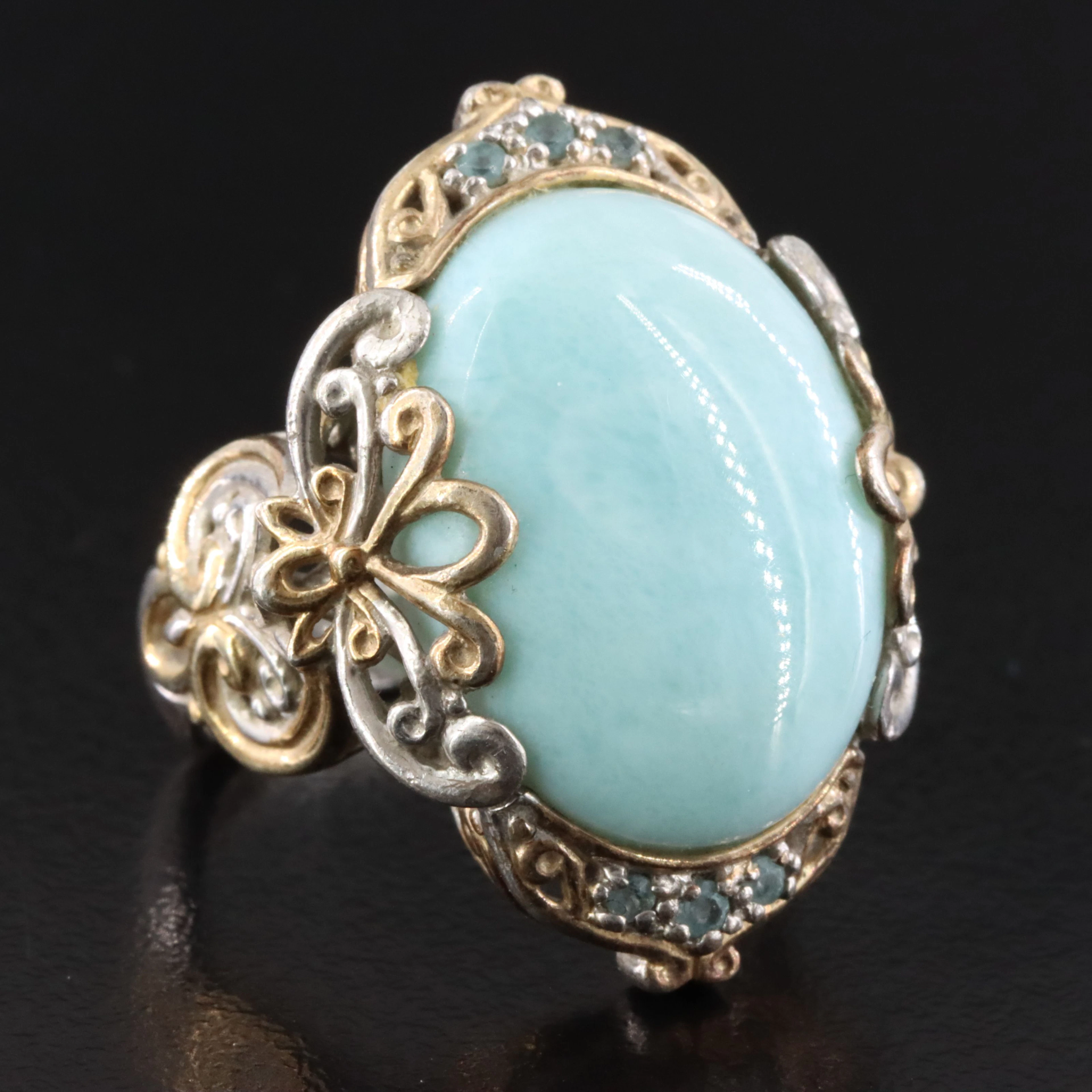 Sterling Larimar Ring with Gold Tone and Blue Topaz Accents