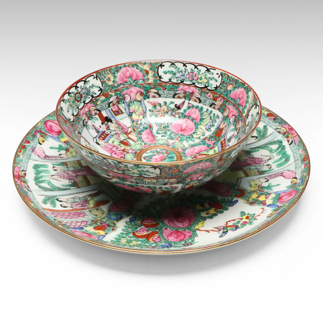 Chinese Rose Medallion Porcelain Plate and Bowl, Mid to Late 20th Century