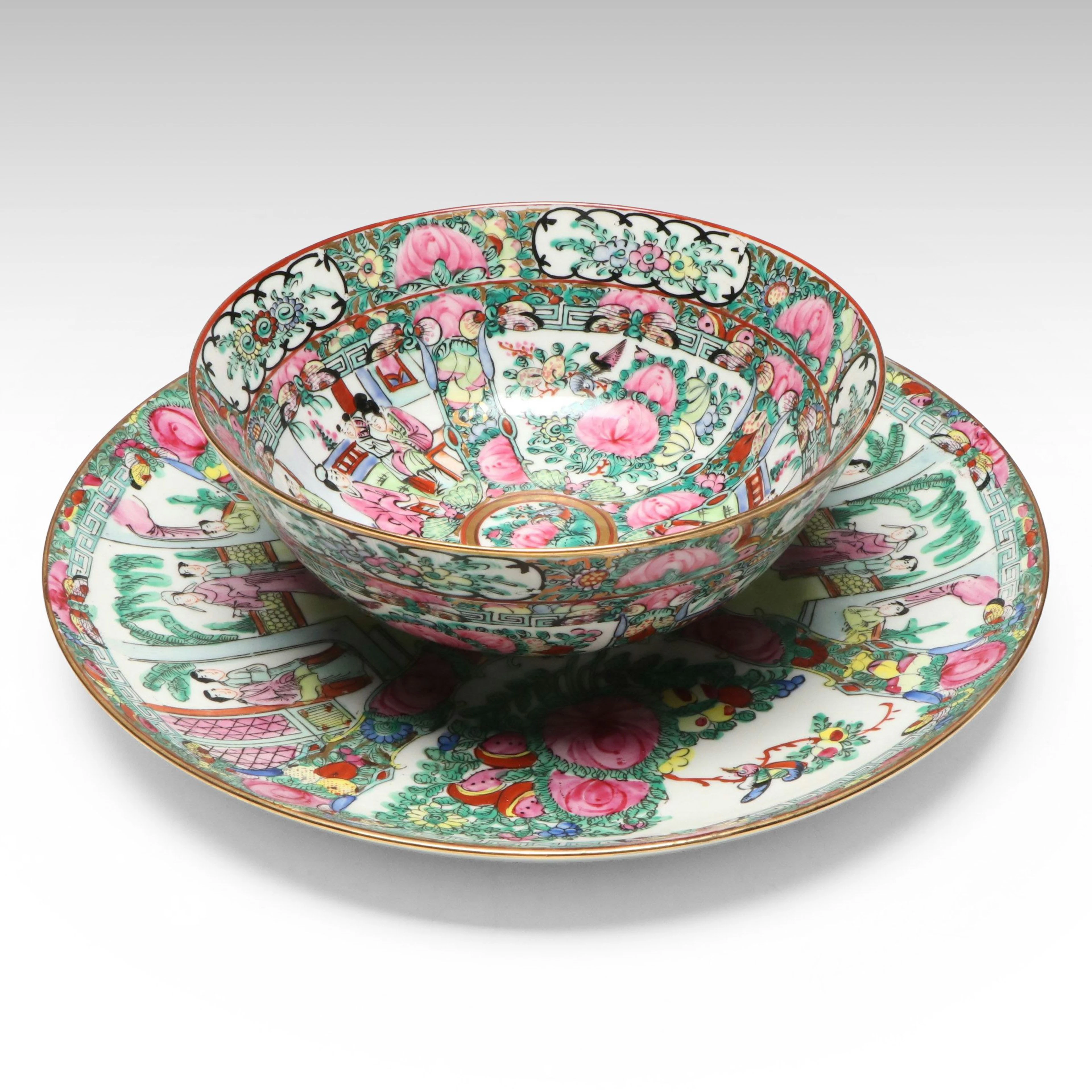 Chinese Rose Medallion Porcelain Plate and Bowl, Mid to Late 20th Century