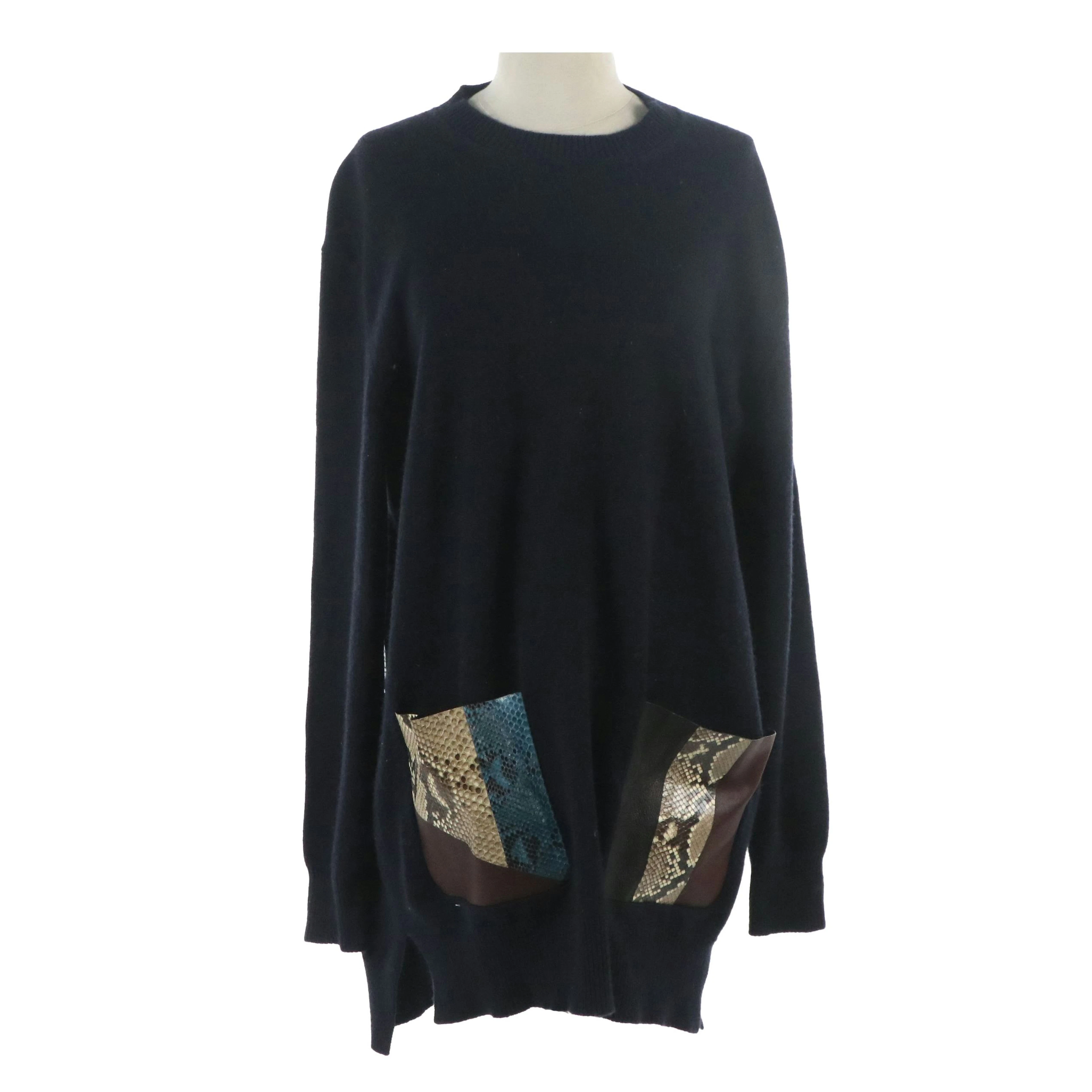 Céline Navy Cashmere Sweater Dress with Python Snakeskin and Lambskin Pockets