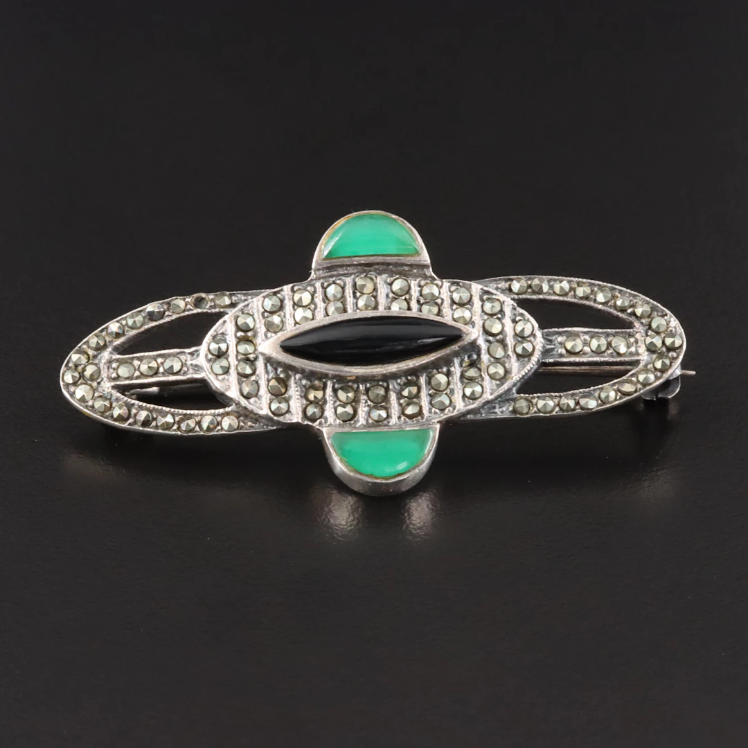 Art Deco Style Sterling Marcasite, Black and Green Onyx Pin
