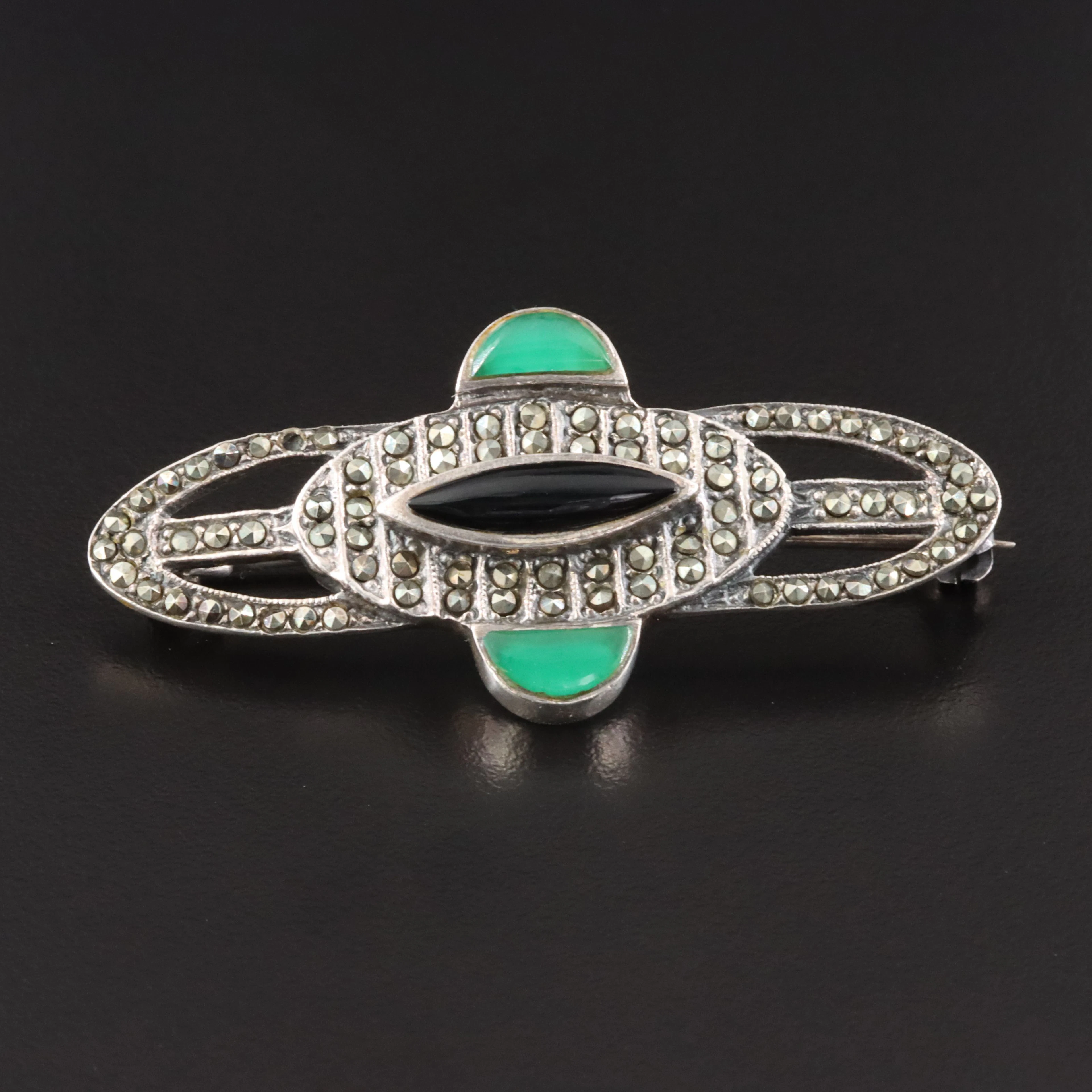 Art Deco Style Sterling Marcasite, Black and Green Onyx Pin