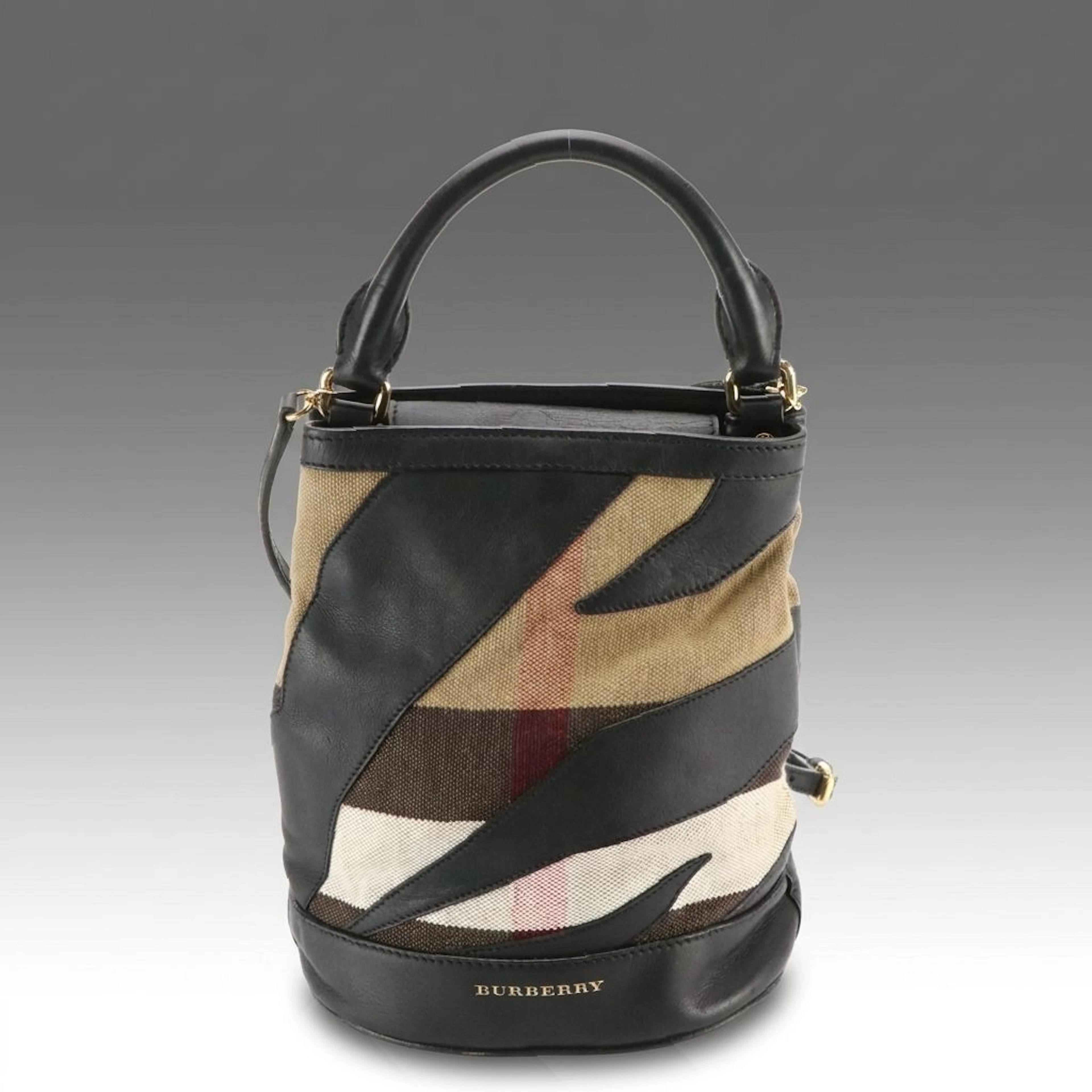 Burberry The Bucket Backpack Bag in House Check Canvas and Black Leather