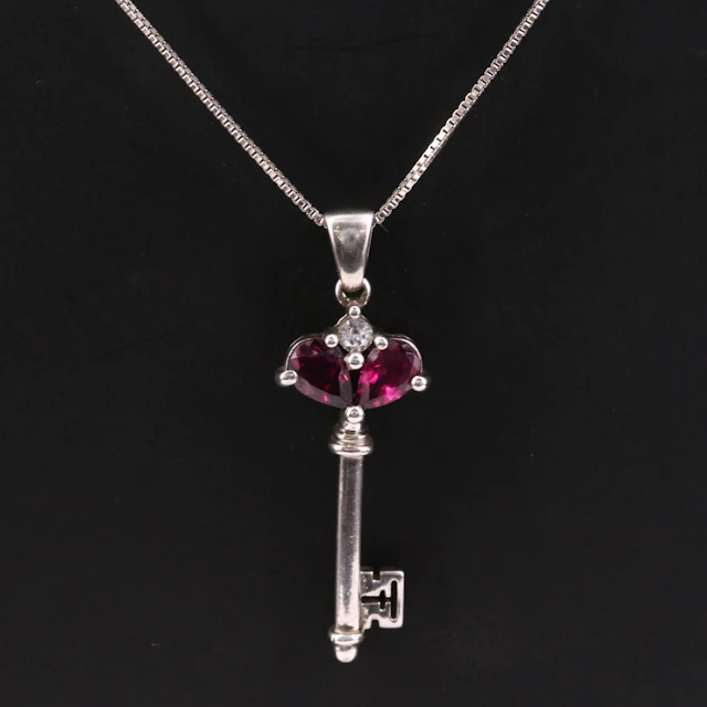 Sterling Garnet and White Topaz Key Pendant Necklace
