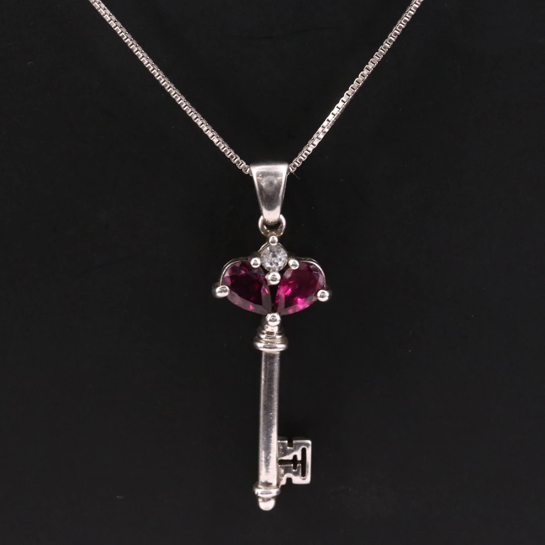 Sterling Garnet and White Topaz Key Pendant Necklace