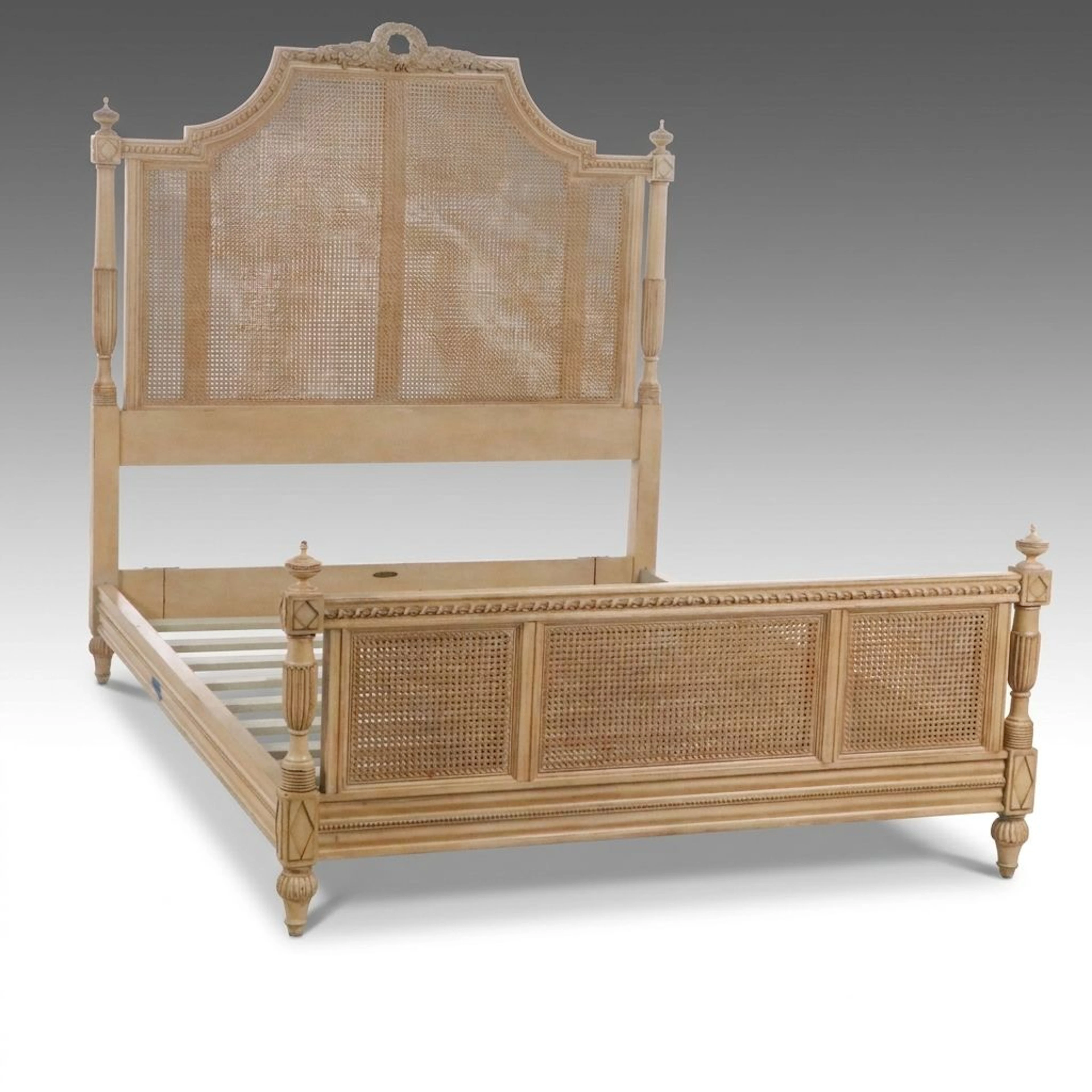 Frontgate French Provincial Style Painted Wood and Cane Queen Size Bed Frame