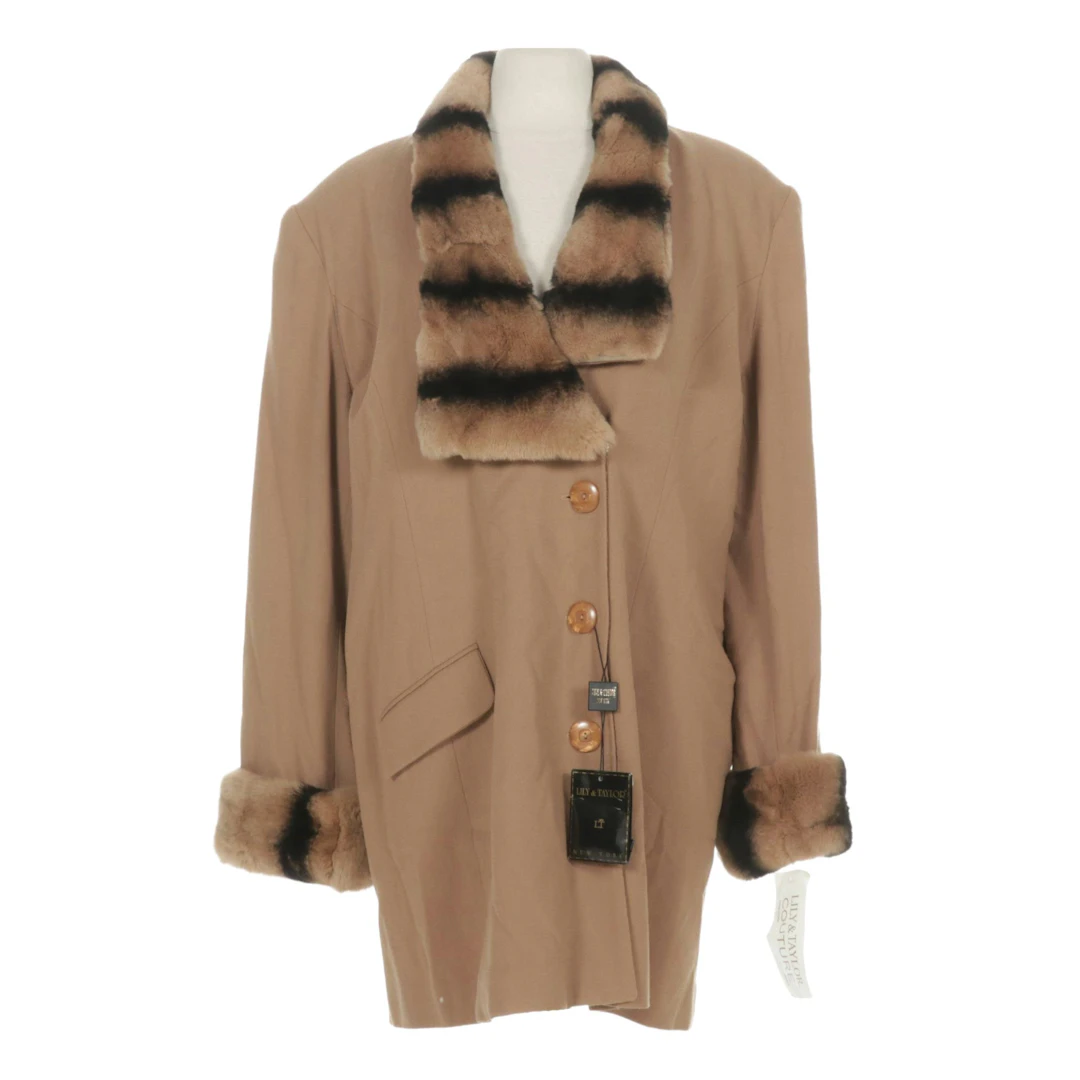 Lily & Taylor Wool Coat with Striped Rabbit Fur Collar and Cuffs