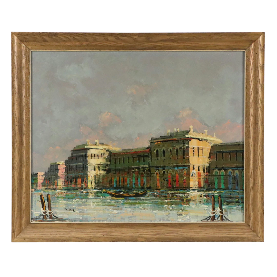 Stylized Oil Painting of Venetian Waterside Cityscape, 21st Century