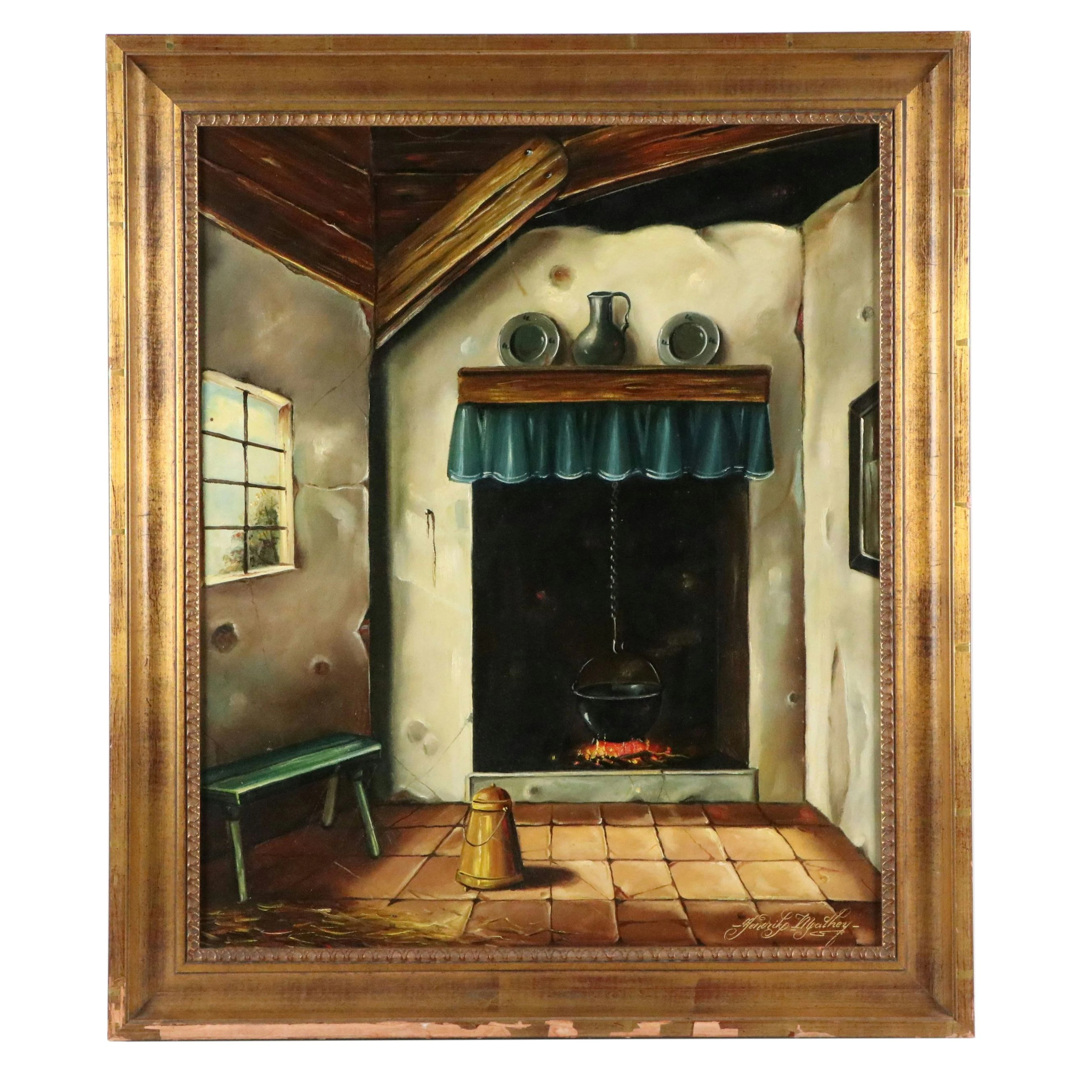 Hendrik Mathey Interior Scene Oil Painting of Fireplace and Bench, 20th Century
