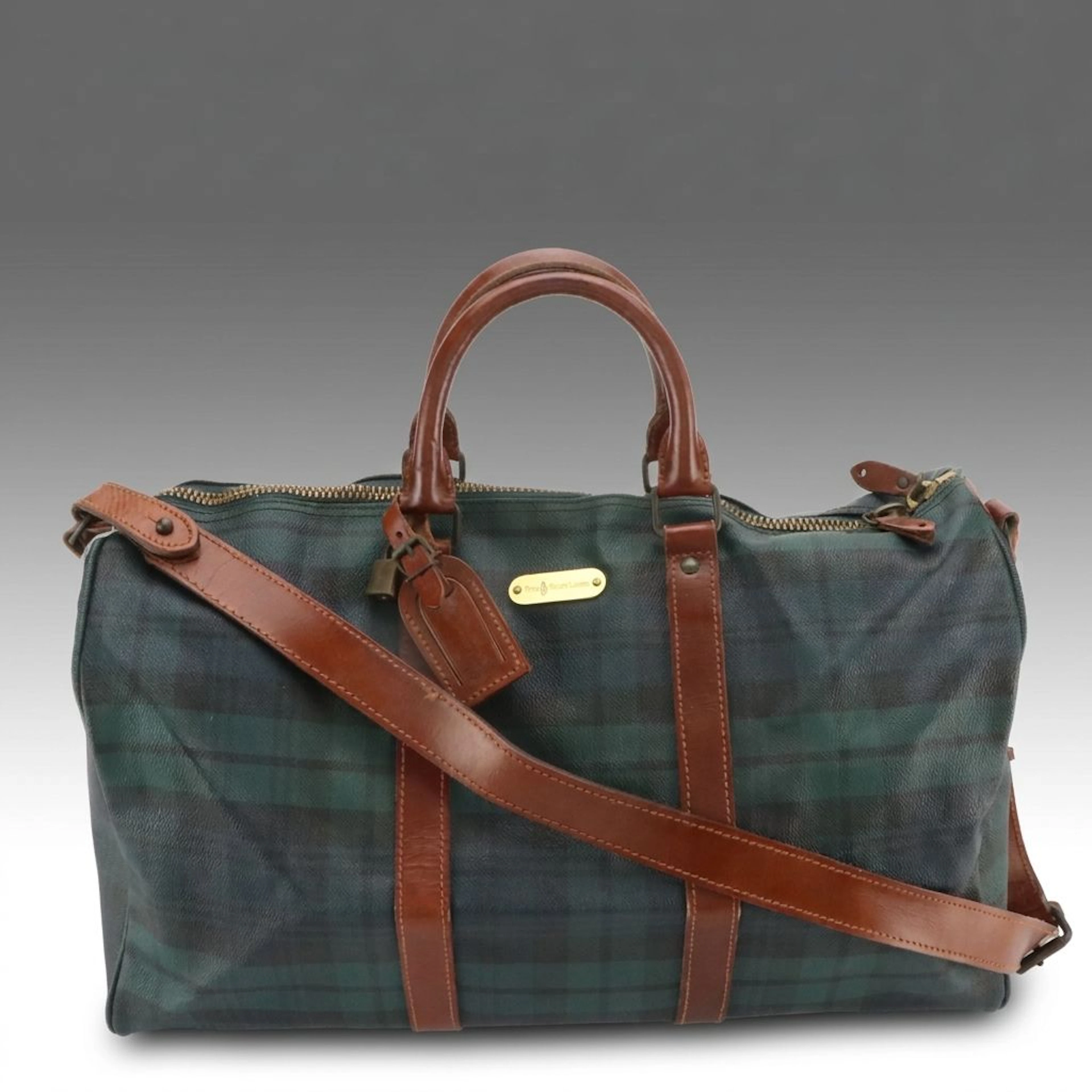 Ralph Lauren Blackwatch Tartan Plaid Coated Canvas and Leather Duffle Bag