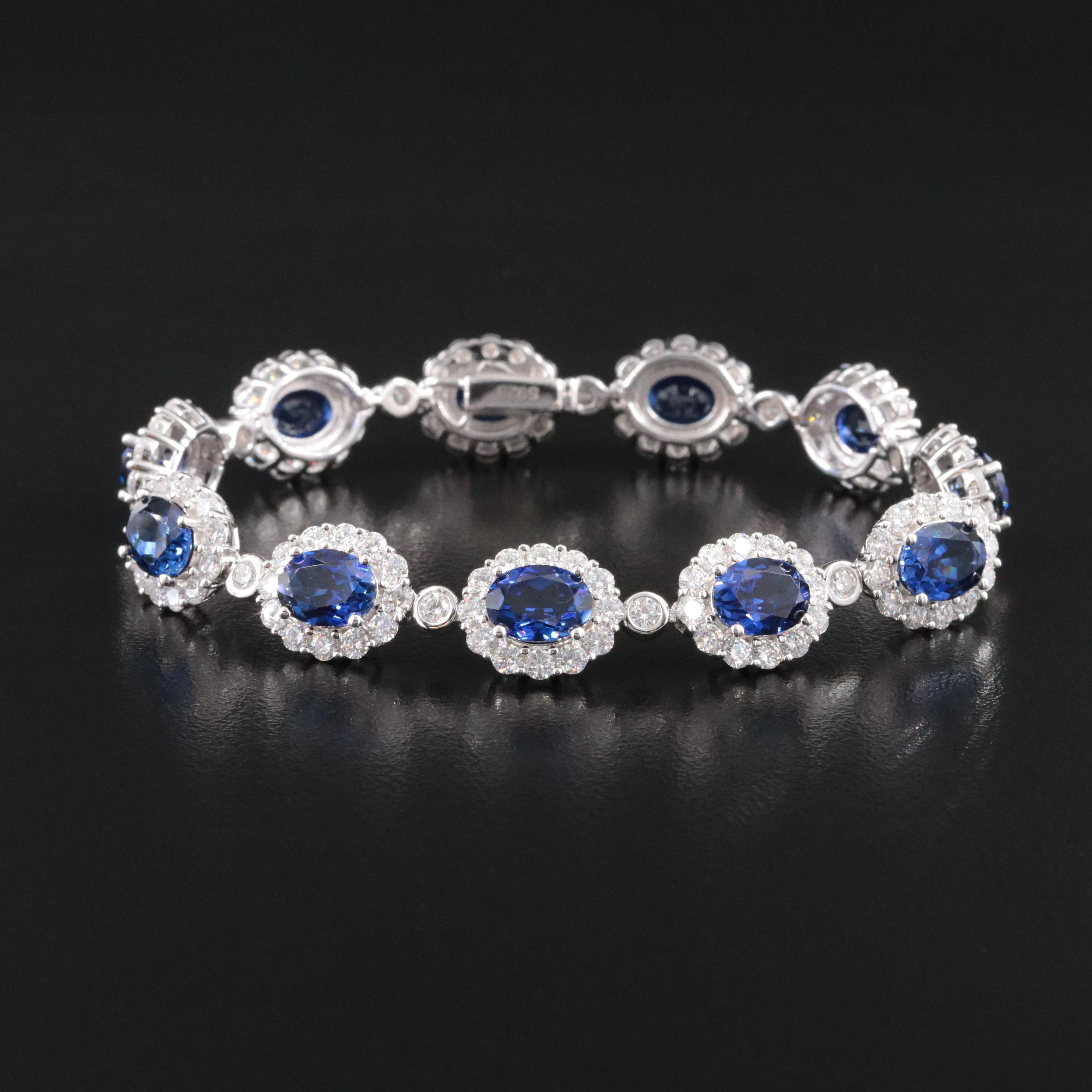 Sterling Lab Grown Sapphire and Moissanite Halo Bracelet