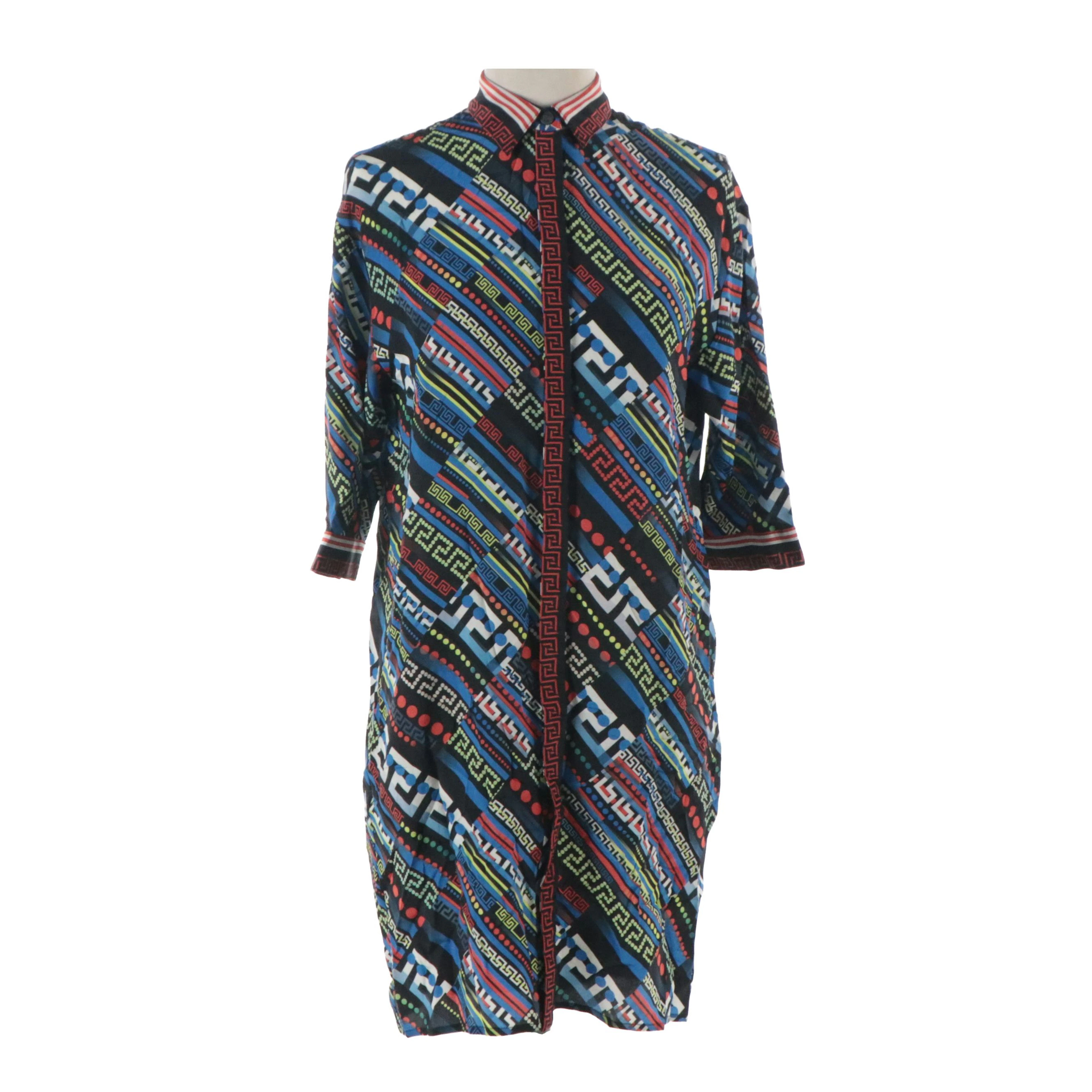 Versace Multicolored Printed Silk Knee-Length Button-Front Shirt Dress