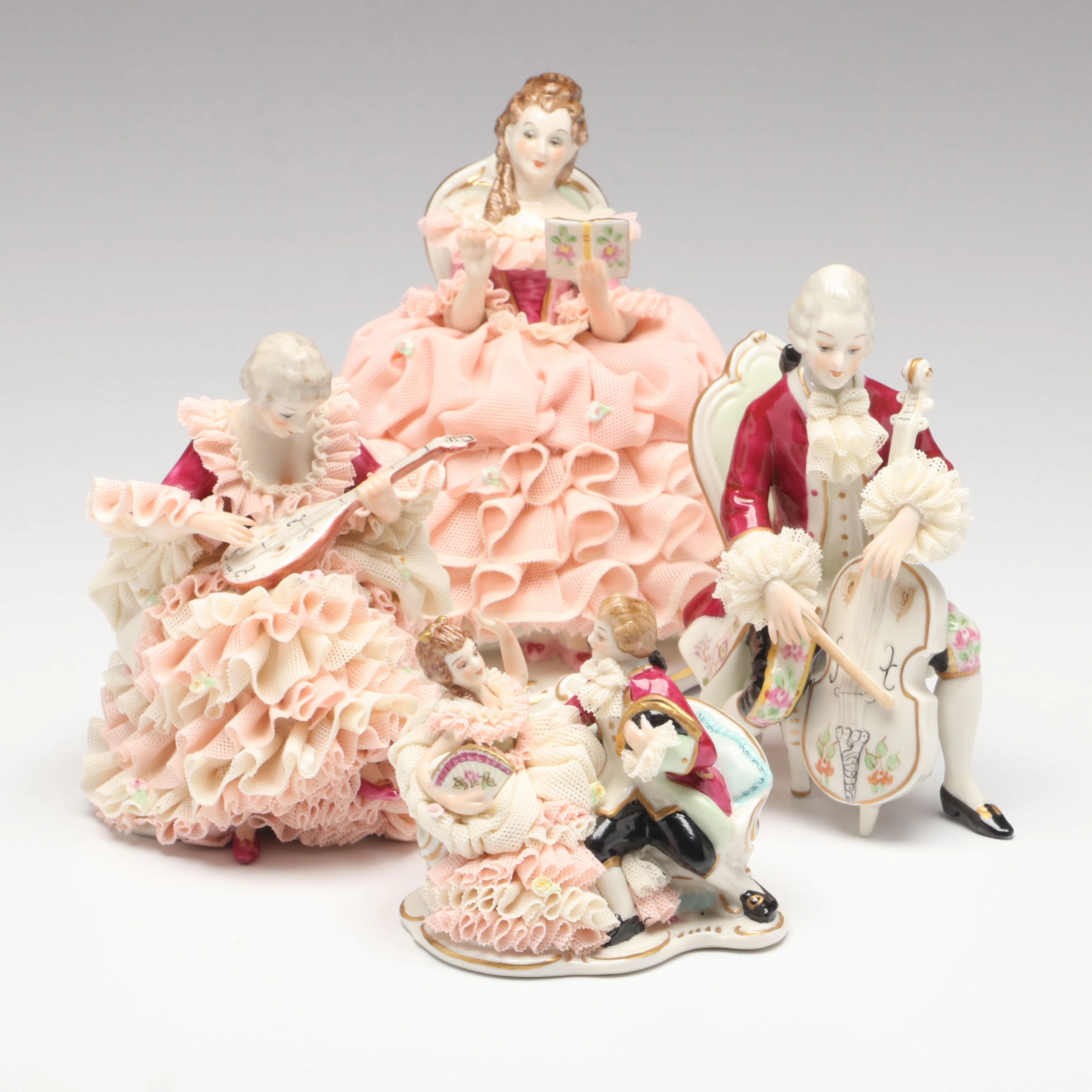 Muller Volkstedt "Amelia" and "Persuasion" Dresden Lace Figurines with More