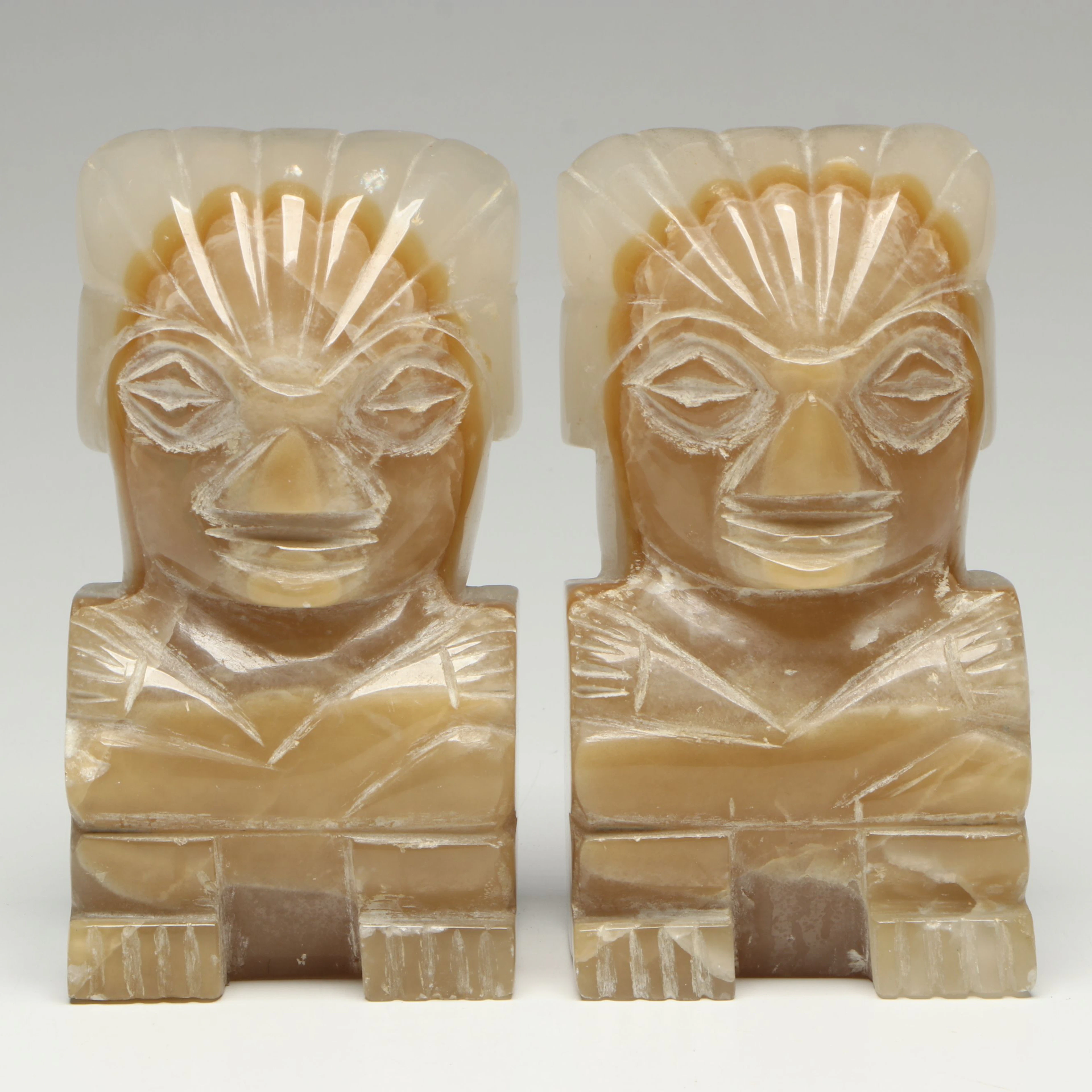 Hand-Carved Banded Calcite Aztec Warrior Bookends