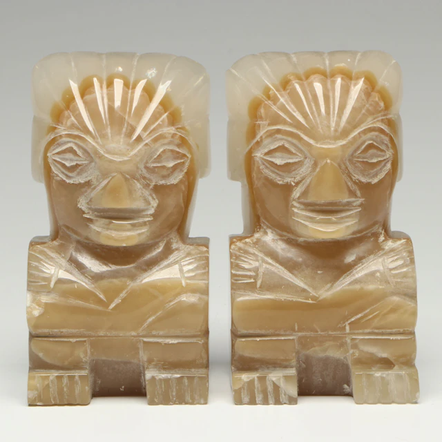Hand-Carved Banded Calcite Aztec Warrior Bookends