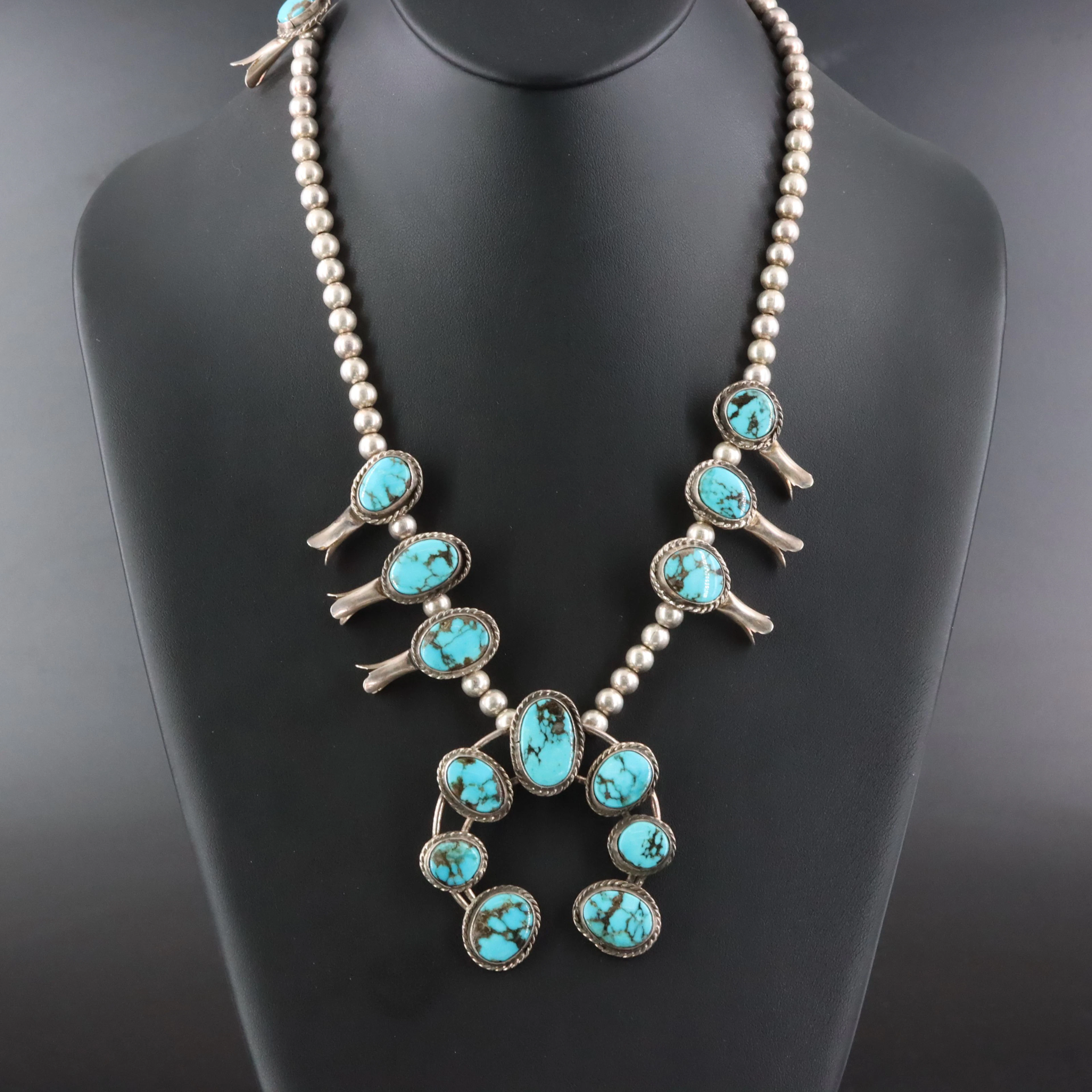 Southwestern Sterling Turquoise Squash Blossom Necklace