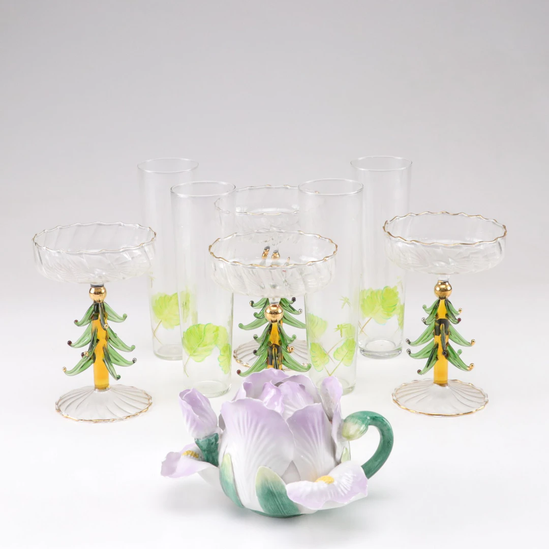 Blown Glass Christmas Tree Coupe and Other Glasses