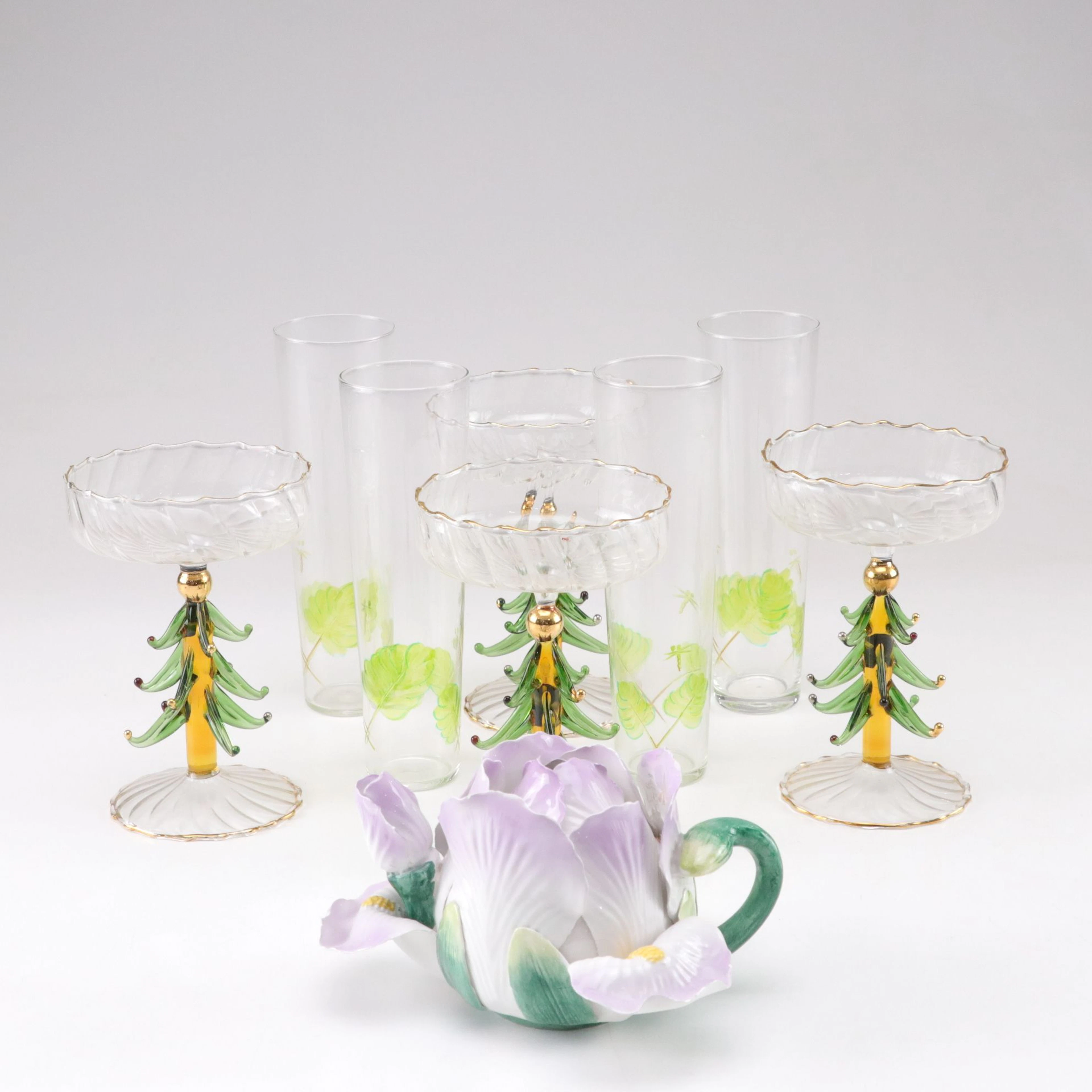 Blown Glass Christmas Tree Coupe and Other Glasses