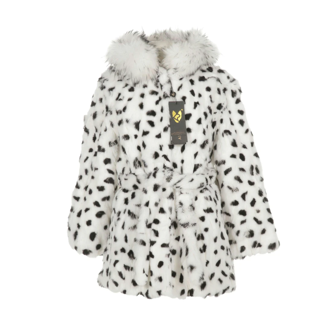 Dalmatian Print Dyed Rabbit Fur Coat with Fox Fur Trim by Fur Story