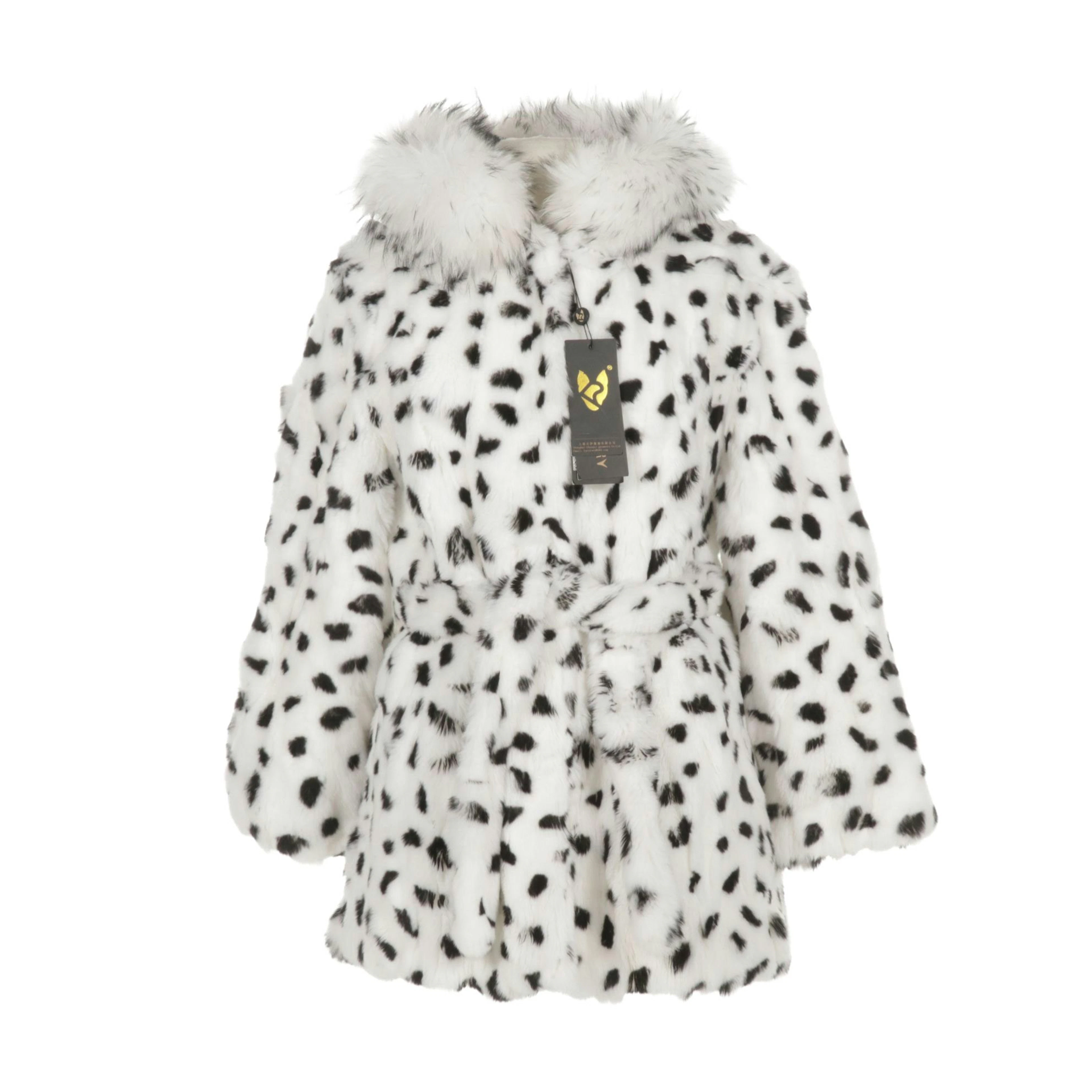 Dalmatian Print Dyed Rabbit Fur Coat with Fox Fur Trim by Fur Story