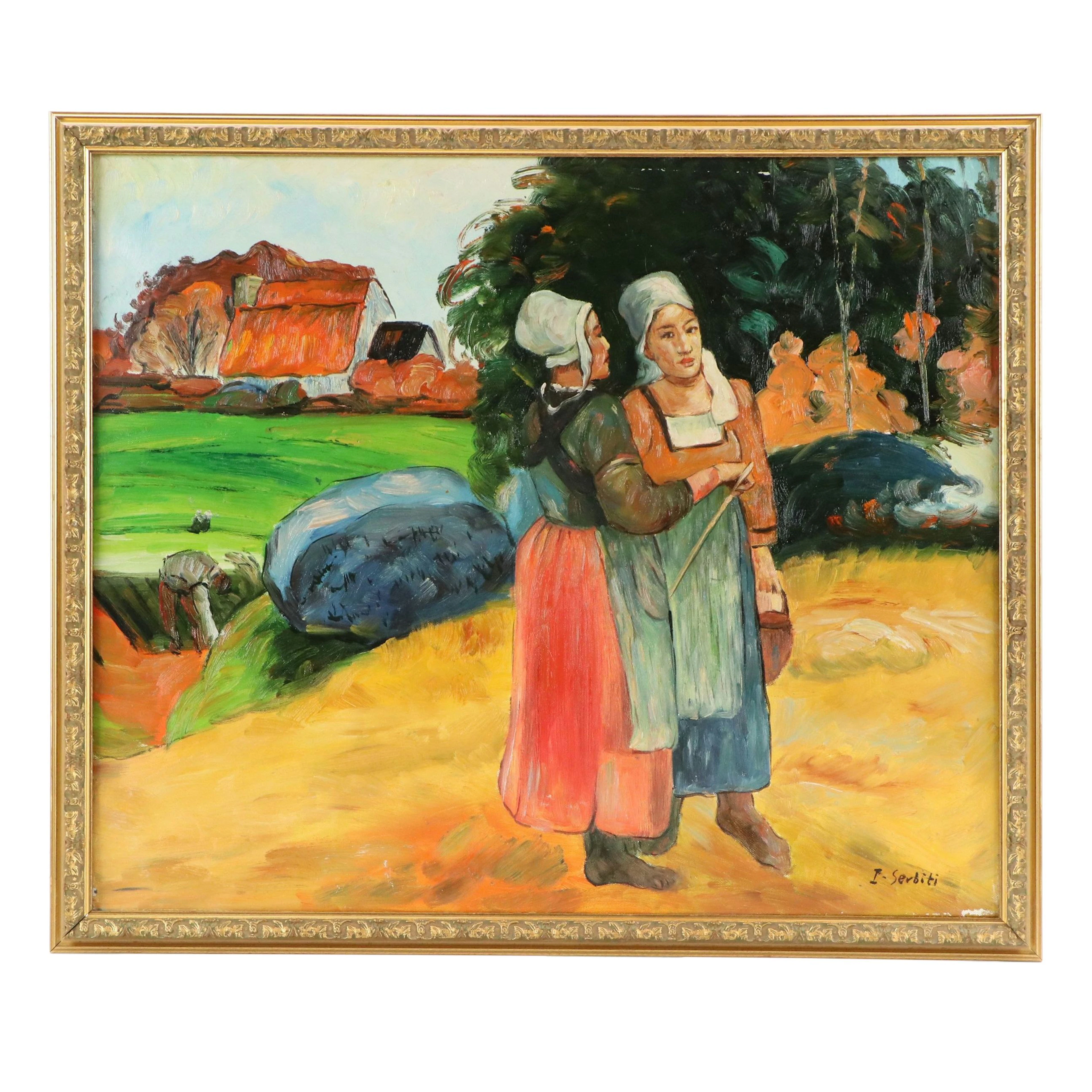 Oil Painting After Paul Gauguin "Paysannes Bretonnes," Late 20th to