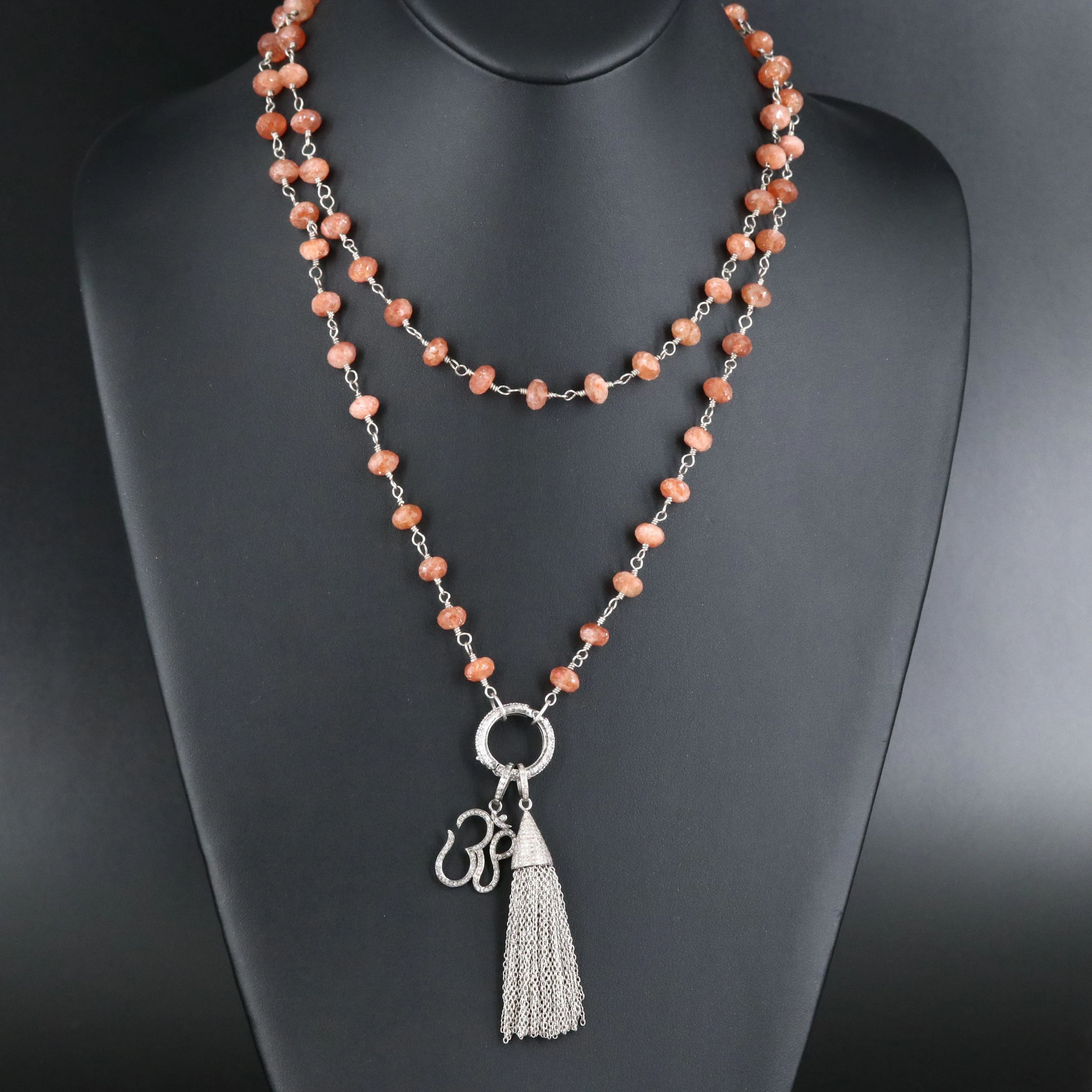 Sheryl Lowe Sterling Sunstone Necklace with Diamond OM and Tassel Pendant