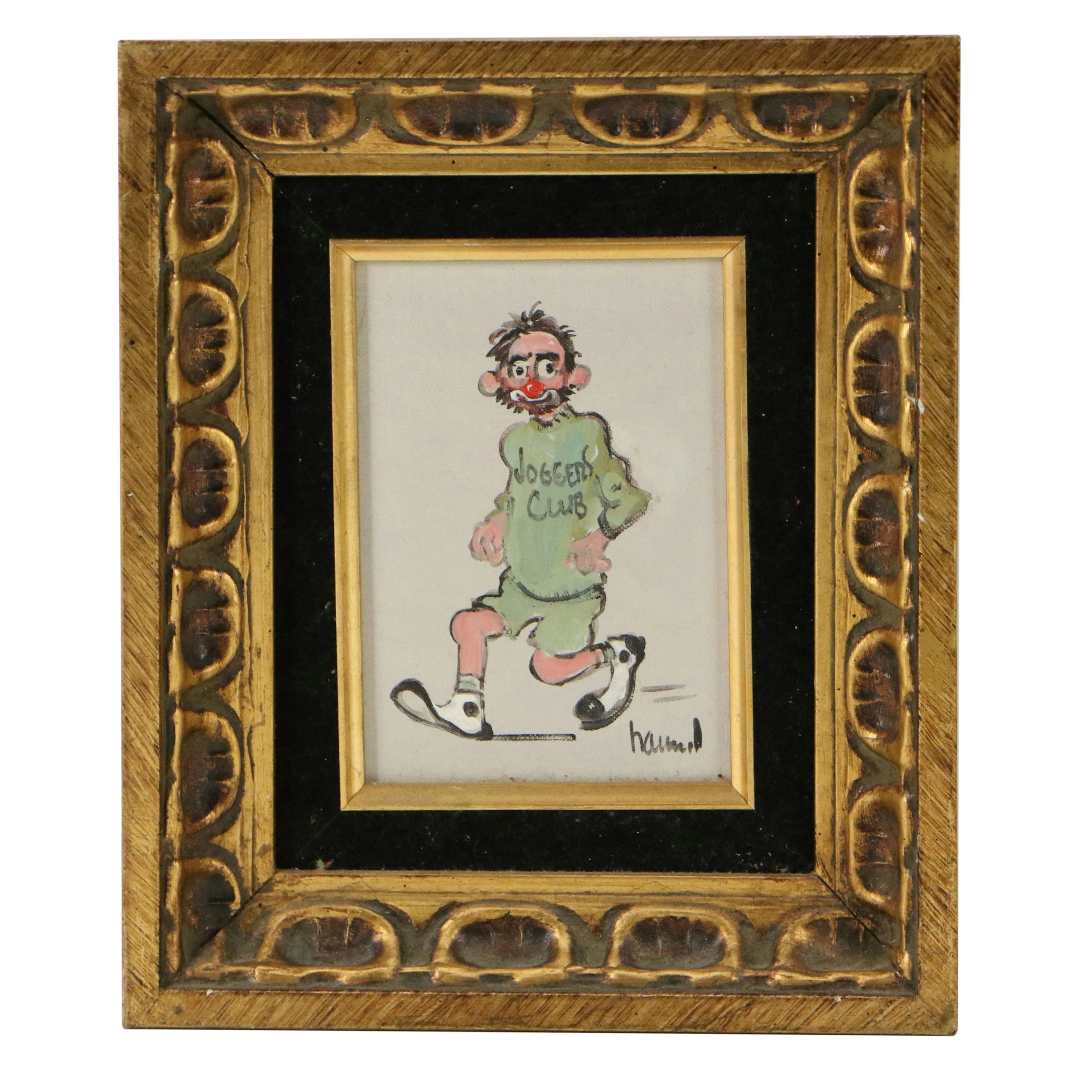 Hammond Oil Painting of Clown Caricature "Getting in Shape," Mid-20th Century