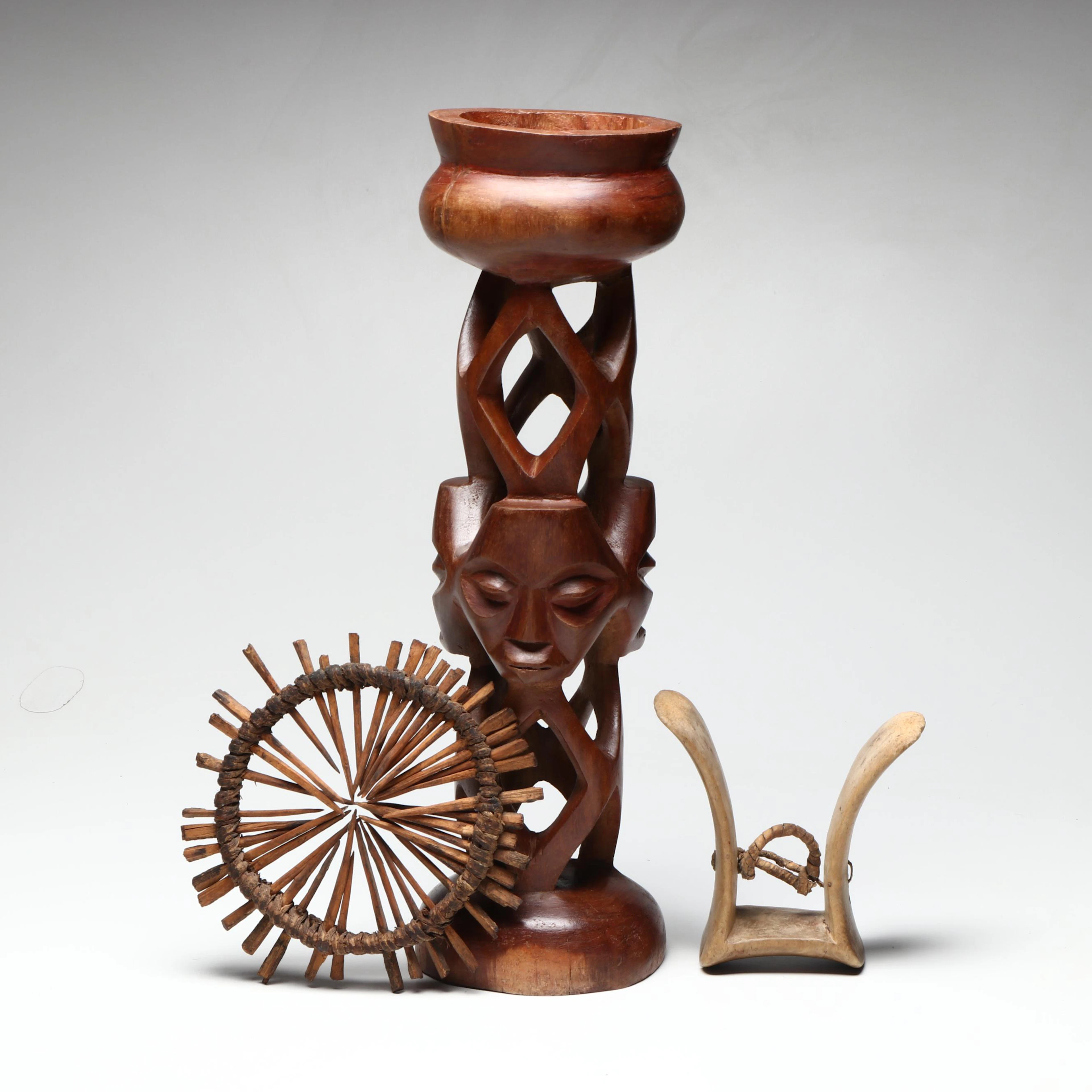 Turkana Peoples Wood Headrest with South African Carved Sculpture