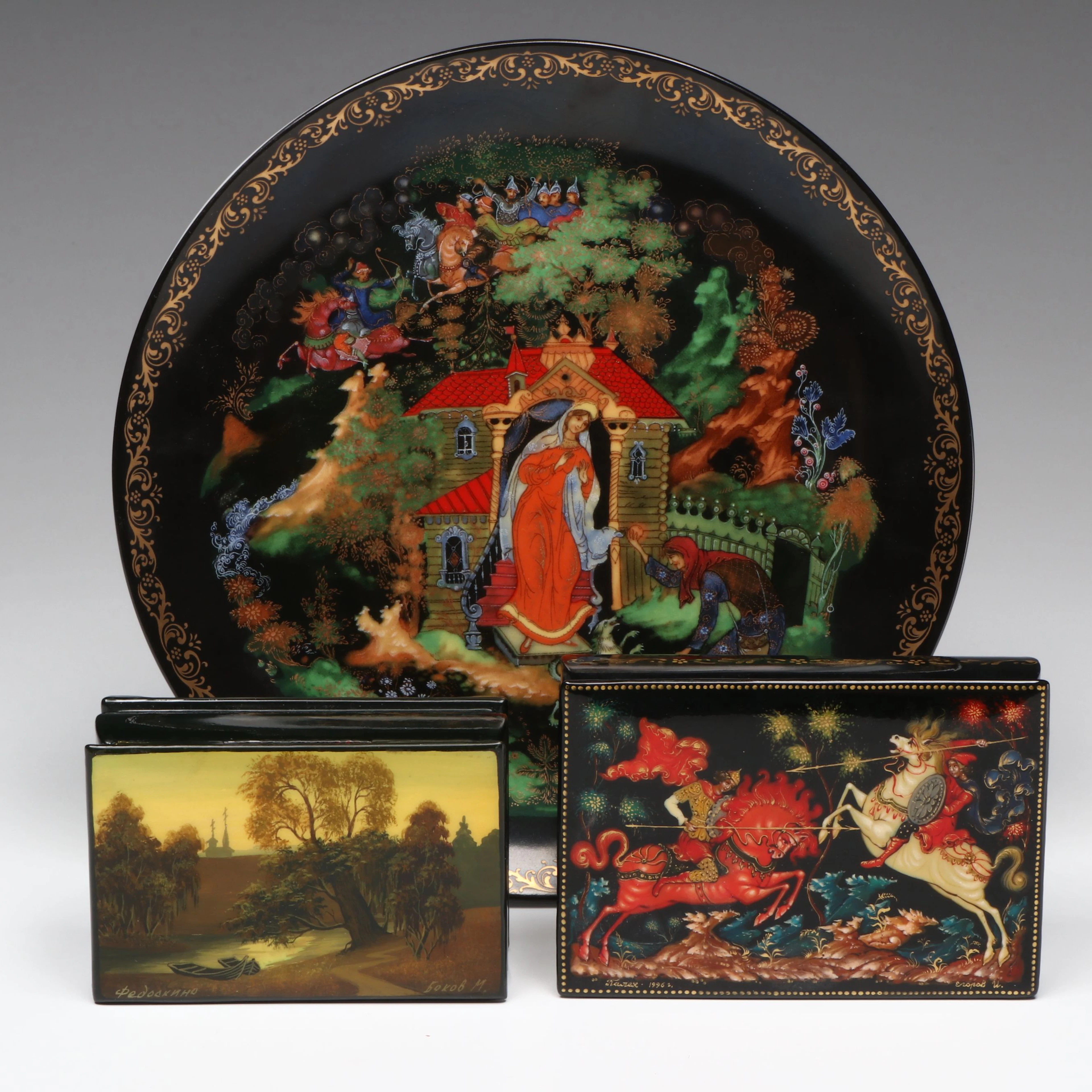 Russian Lacquerware Decorative Boxes with Tianex Porcelain Plate